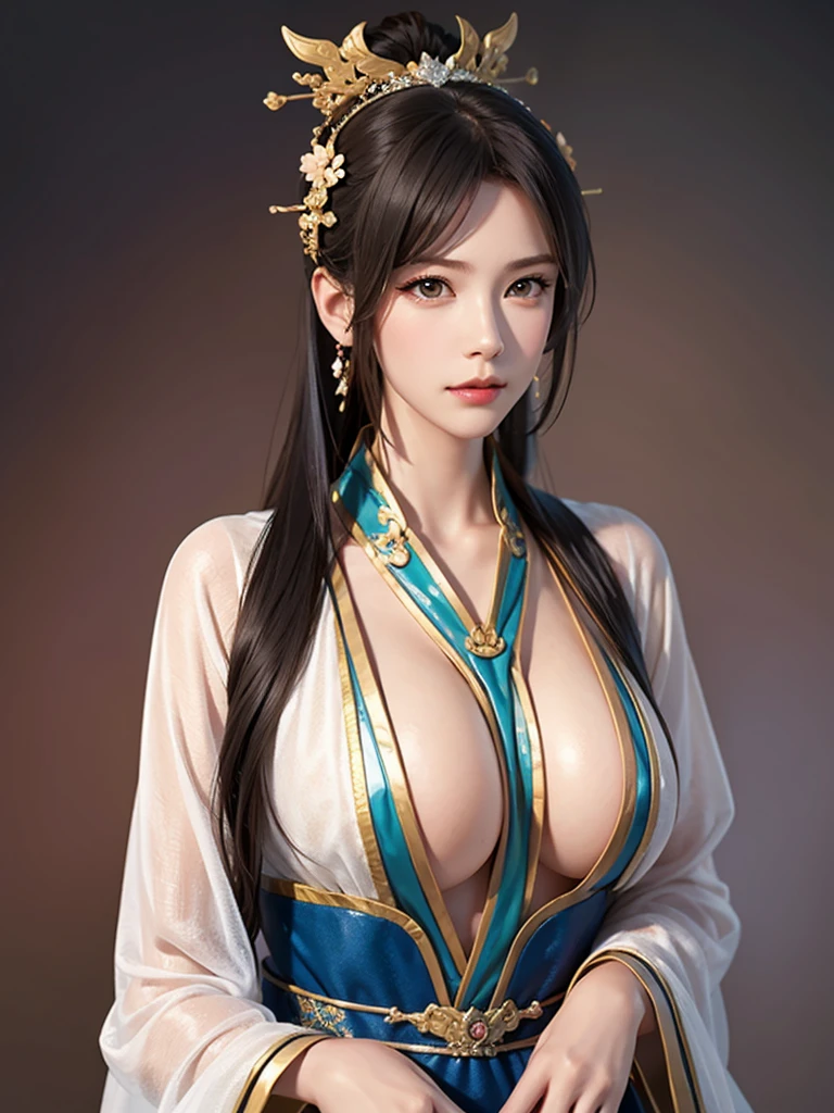 ancient chinese princess ， A girl wearing Hanfu, visual audience，,  beautiful girl 、Delicate body, Exquisite Eyes , Big 、Long hair,、Hair accessories Han Dynasty、Eternal,whole body、Lower Body，Three Kingdoms， (solid color background,,  simple background), Smoky environment, Adds a touch of mystery and drama to the scene. Soft and even lighting, Casts soft shadows, Create an atmosphere of seriousness and focus.