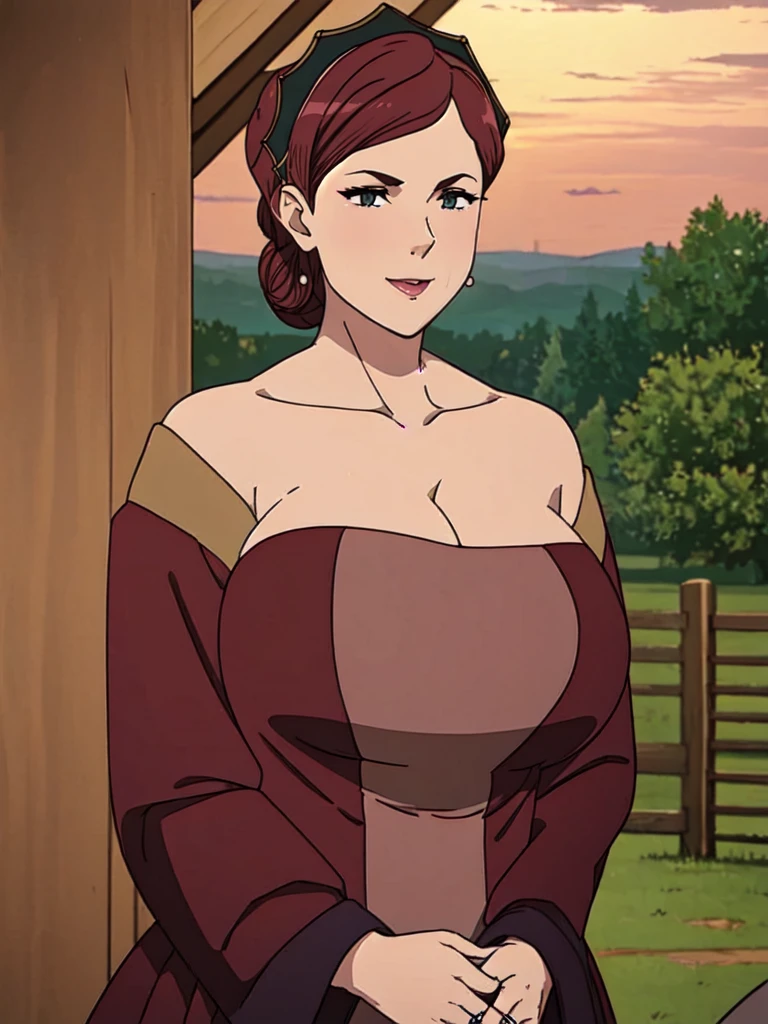 ((Farmer outfit with cleavage)), maroon hair, Gilf, busty, huge, cleavage, detailed, upperbody, wringkle skin,Sagging breast,Fullbody view,wedding ring,Smile,((Wedding Ring)),Detailed body,Hyper Quality,Sign of Aging,Curvy figure,Bloated belly,Skindentation,Wringkle in face,((Colorless lips)), Gorgeous and sultry busty athletic (thin) peasant with sharp facial features wearing a modest updo, messy bun, medieval cap, (wimple), shawl, coarse wool dress, rough-spun grey and brown medieval dress, long sleeves, wide neck, long dress, tight bodice, corset, Middle Ages, cottage, farm, exterior, trees, countryside, evening, sunset,blue drop earring,solo,1girl