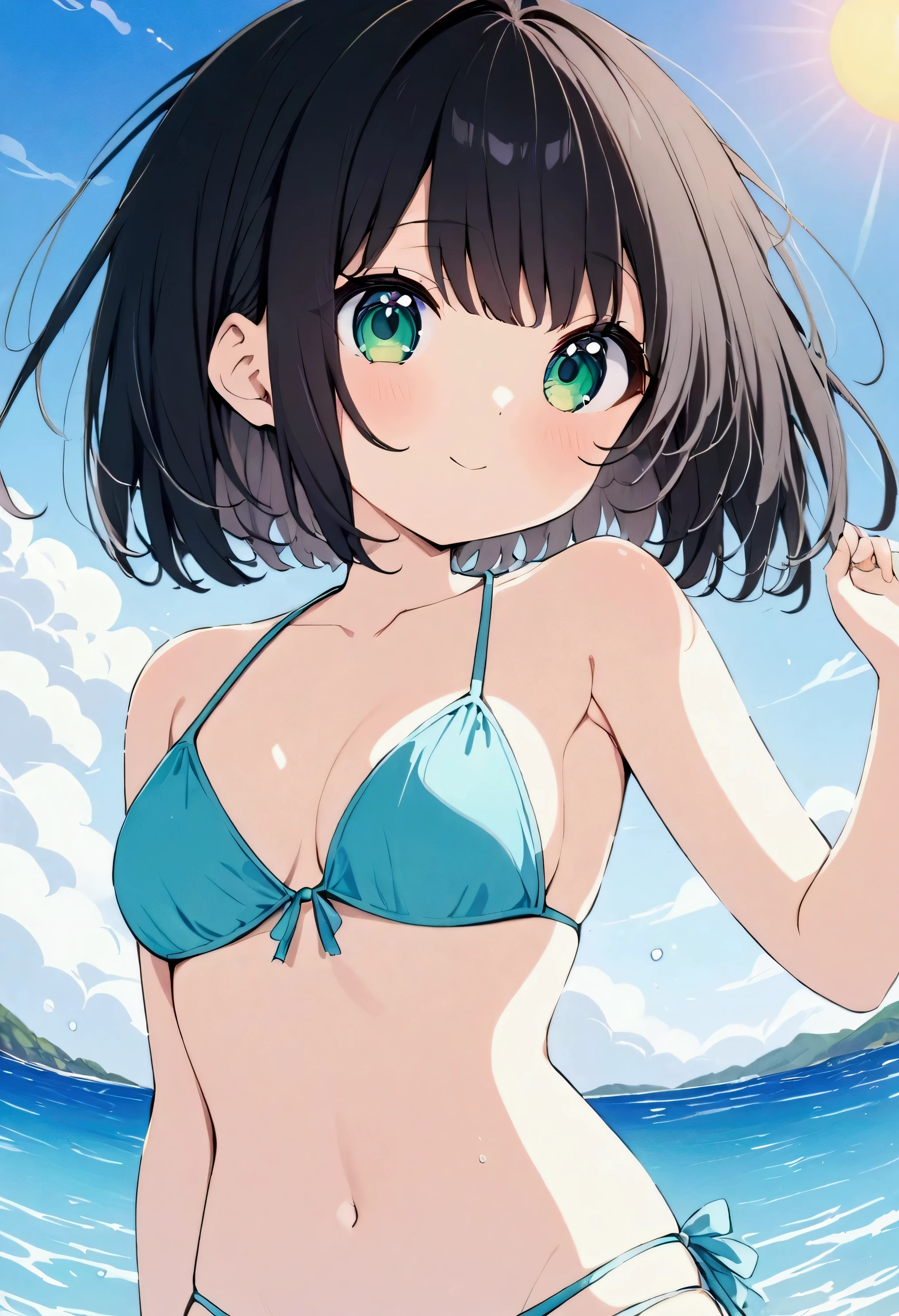 1girl Asunakoji, Black Hair, short hair, (Green Eyes:1.7), (Small breasts:1.2), (blush:1.3),
break (String Bikini:1.2), (Floral Bikini:1.3), Floral Bikini, naked, Exposed Skin, (Wet Skin:1.1), (Put your arms behind your head, Underarm), Are standing,
break (Ocean:1.5), Beach, (sun:1.3),
break looking at viewer, (from the front:1.5), 
break (masterpiece:1.2), Highest quality, High resolution, unity 8k wallpaper, (figure:0.8), (Beautiful attention to detail:1.6), Highly detailed face, Perfect lighting, Highly detailed CG, (Perfect hands, Perfect Anatomy),