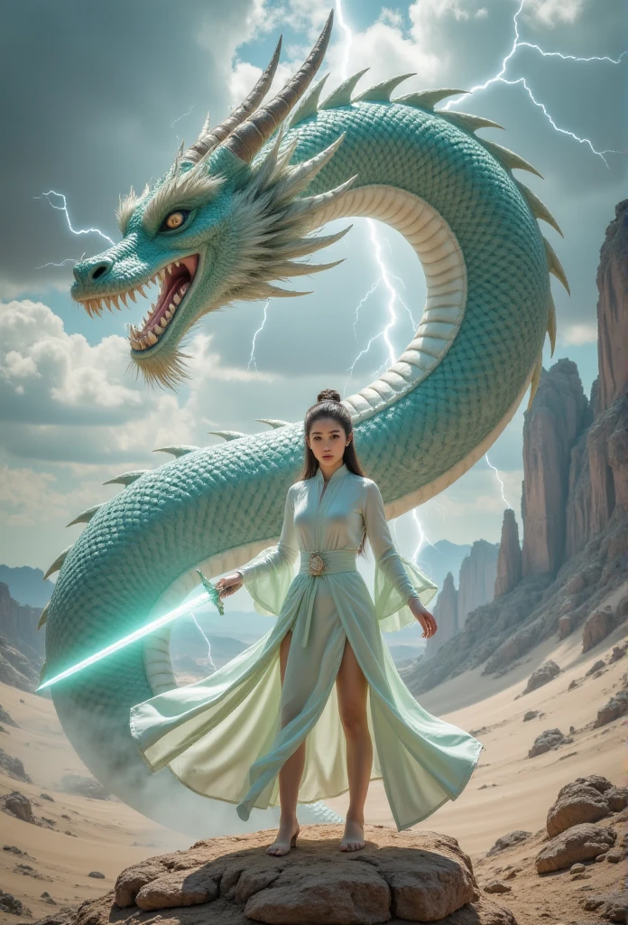  1 beautiful girl, At the top of the clouds ，  unique， there is a huge Chinese dragon behind，Dragons have dragon claws ，lightning，desert，Wild Wind ，Female Swordsman，Hand on the hilt，Jade Blade Sparkles ，Front view, whole body， (( has the best quality)), ((masterpiece)), (( actual ))， Ultra HD，