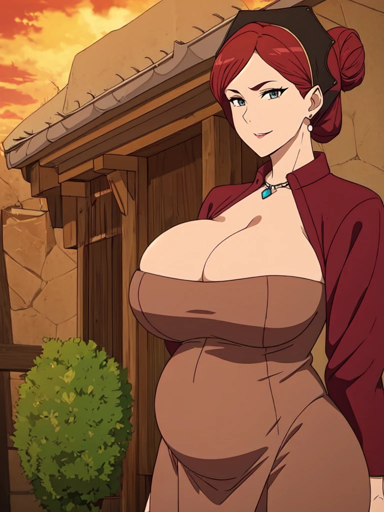 ((Farmer outfit with cleavage)), maroon hair, Gilf, busty, huge, cleavage, detailed, upperbody, wringkle skin,Sagging breast,Fullbody view,wedding ring,Smile,((Wedding Ring)),Detailed body,Hyper Quality,Sign of Aging,Curvy figure,Bloated belly,Skindentation,Wringkle in face,((Colorless lips)), Gorgeous and sultry busty athletic (thin) peasant with sharp facial features wearing a modest updo, messy bun, medieval cap, (wimple), shawl, coarse wool dress, rough-spun grey and brown medieval dress, long sleeves, wide neck, long dress, tight bodice, corset, Middle Ages, cottage, farm, exterior, trees, countryside, evening, sunset,blue drop earring,Pregnancy,Wedding ring