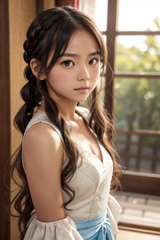  female ,  Famous Japanese Idols,  fancy clothes in medieval European style , Flaxen long hair,  hair braided from the top of the head to the side, Thready hair,  Expressive Hair , Saggy eyes with eyesight ,  moist eyes, Light-pigmented eyes,  fair and very beautiful skin , Model body type, Feminine, beautiful physical beauty ,  sleeveless, A cute accessory that cuts into the skin of the upper arm, masterpiece, Accurate,   anatomically correct, 最高quality,  number々Awarded,    High Resolution Model  ,   high detail, 高quality, quality,  retina,   very detailed  ,   textured skin,  Ultra-fine, RAW photo