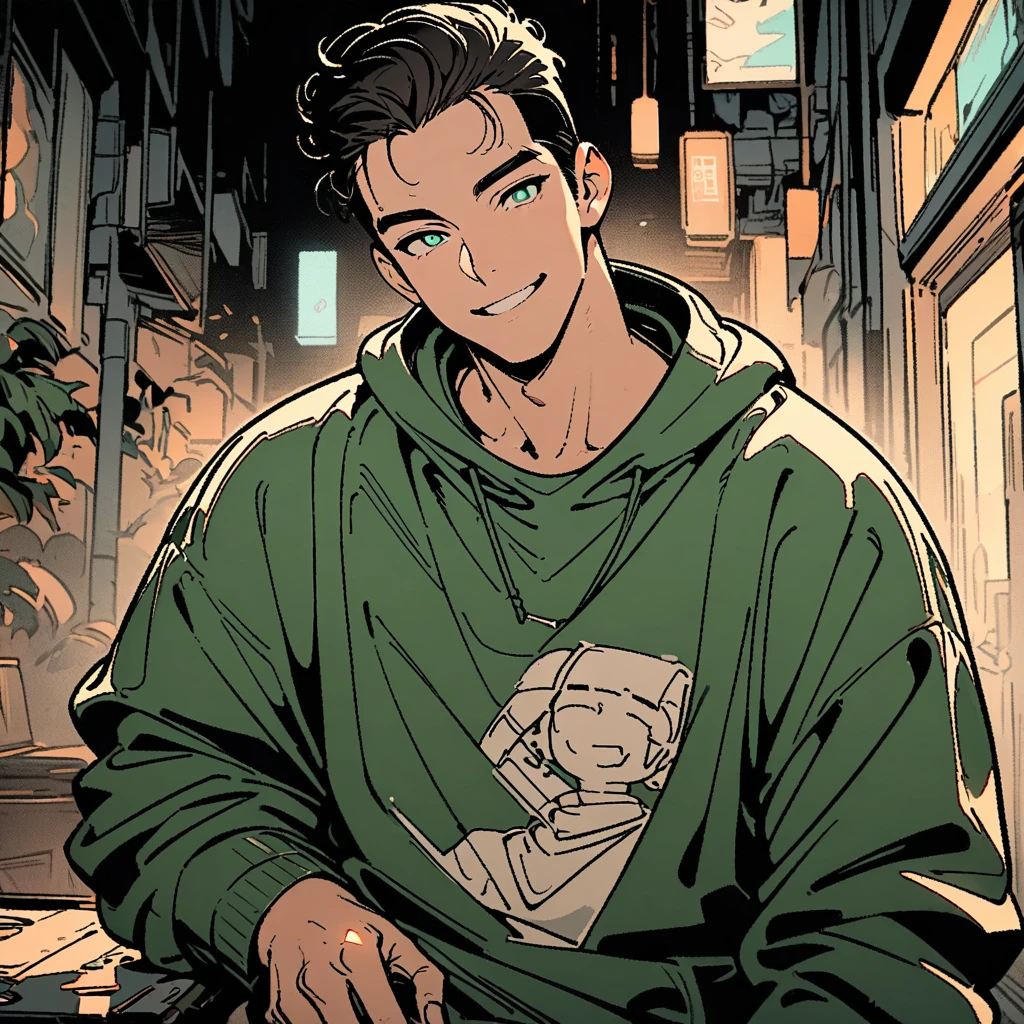 Line art，漫画Line art，male，Forehead enhancement ，very wide forehead ，Forehead glows ，Chiban， sweatshirt ，smile， clear and smooth line ，8k，masterpiece，The color of the clothes is green ，