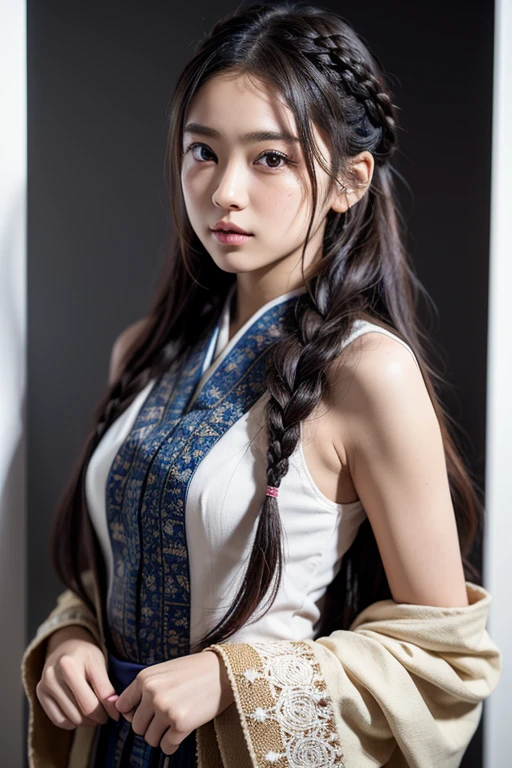  female ,  Famous Japanese Idols,  fancy clothes in medieval European style , Flaxen long hair,  hair braided from the top of the head to the side, Thready hair,  Expressive Hair , Saggy eyes with eyesight ,  moist eyes, Light-pigmented eyes,  fair and very beautiful skin , Model body type, Feminine, beautiful physical beauty ,  sleeveless, A cute accessory that cuts into the skin of the upper arm, masterpiece, Accurate,   anatomically correct, 最高quality,  number々Awarded,    High Resolution Model  ,   high detail, 高quality, quality,  retina,   very detailed  ,   textured skin,  Ultra-fine, RAW photo