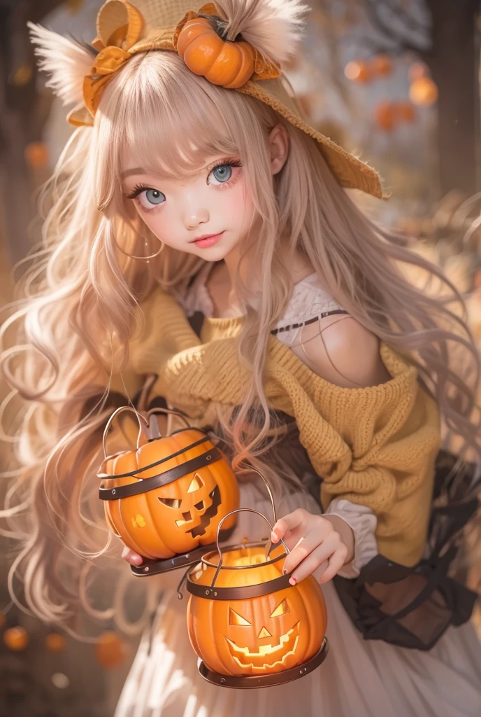   Happy Halloween,(  Details), Midnight、darkroom ,  There are lots of Halloween lanterns in the background、  hyper detail , Realistic Portrait ,  perfect face.Teenage Girl,   Blue eyes with crisp double eyelids and long eyelashes  , Realistic Face,  Details skin, 非常に Detailsな唇, Big Mouth , full,   plump, shiny pale pink lips ,  Natural makeup , clear lip gloss, Long Pink Hair,  Forehead bangs   ,    trick or treat  、  I have a basket of small Halloween lanterns 、 I'm wearing a Halloween costume ,  Orange high-waisted pleated skirt   , Soft Shadows,  Cozy and relaxed vibe   .