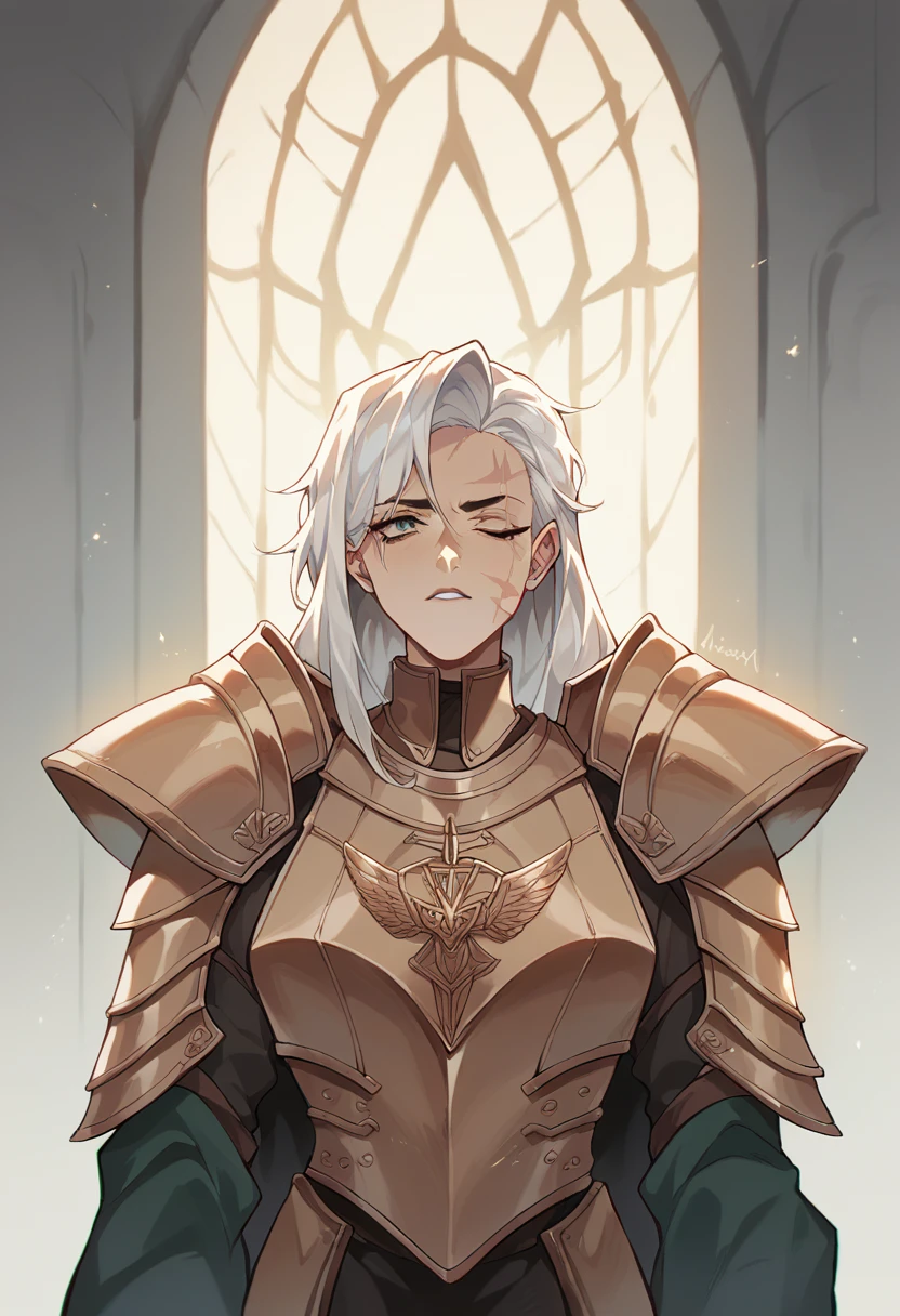 NSFW, a female crusader with a Sci Fi aesthetic, white haired femal with facial scars, beautiful mature face, amoured woman, gaudy armour, inquistor, large bust, standing in a castle, warm lighting