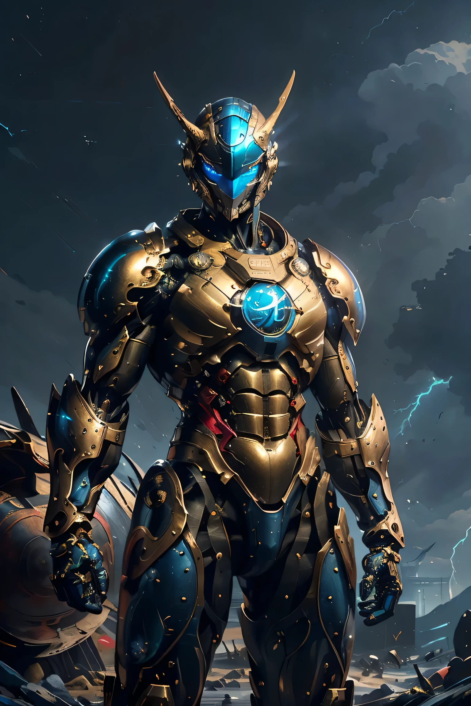 (( symbol of a large gold crescent moon on the forehead)), ((Sturdy Steel Armor )), (metallic: 1.5, blue and red suit: 1.5, Machine parts are visible under the suit), (Japanese hero, whole body), (mech bodysuit with swords: 1.5), ((storm: 1.5, typhoon: 1.5)), cyberpunk city, My eyes are shining brightly, Suit parts are large , Lots of LEDs, ( helmet with sharp antennas), Unreal Engine 5, High image quality,  best quality ,  Kampala, Super detailed, Fine painting,  extremely delicate , professional,  anatomically accurate , creativity, RAW Photos, 超 Kampala, 32K, Natural Light, Cinema Lighting, masterpiece-anatomy-perfect, masterpiece:1.5, ( portrait), (action pose), ((was a mecha)), (fur collar ), (Machine Face), (Clench your fist: 1.5, Bend your elbows: 1.5)