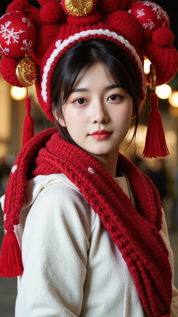  The image depicts a person wearing a winter costume ,  specifically a red knitted hat and scarf with snowflakes on it ,  indicates a cold outside .  The hat has decorative elements similar to traditional East Asian ornaments ,  may indicate a cultural or festive context .  The background is blurred but appears to be an outdoor setting with soft light , may be that during the day .  No clear text or others in the visible part of the picture.