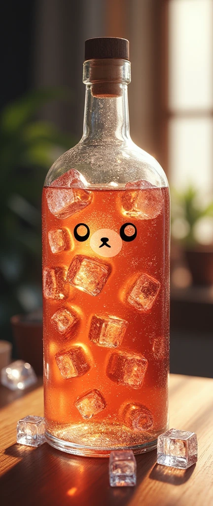 (masterpiece:1.2, Excellent quality, mirror-like , A cinematic experience ,Realism,Best Illustration),8K,wallpaper,( bottles illustrated by Rilakkuma &#39;Eyes, nose,  Use a stylish wine with lots of ice cubes to cool your mouth.:2.0),(Countless ice cubes :2.0),Water Drop,Lovely,Relax,Rehabilitation,(Indirect lighting:2.0),( Draw all bottles with the same design :2.0)