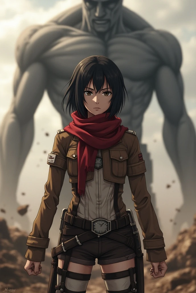 Mikasa , Attack on Titan ฉากด้านหลังเธอมี titan eren

