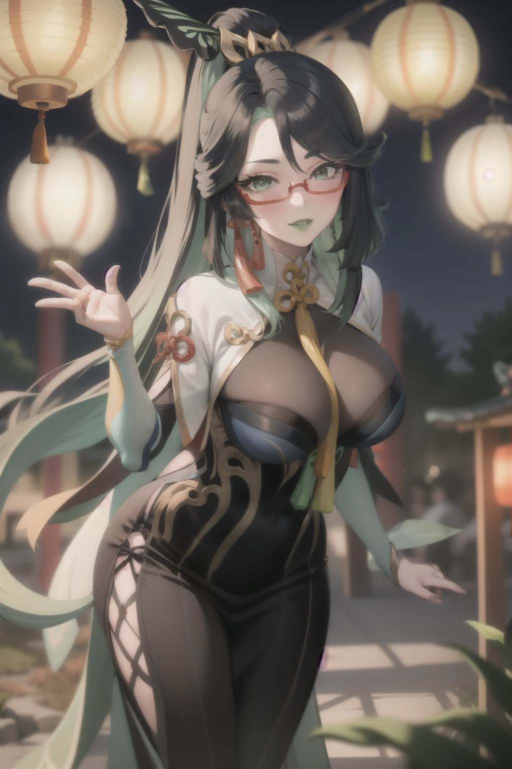 gixianyun makeup, green lips, under-rim eyewear, pelvic curtain green eyes, bending over,japanese garden , lanterns,best quality,highly detailed,blush , smile,