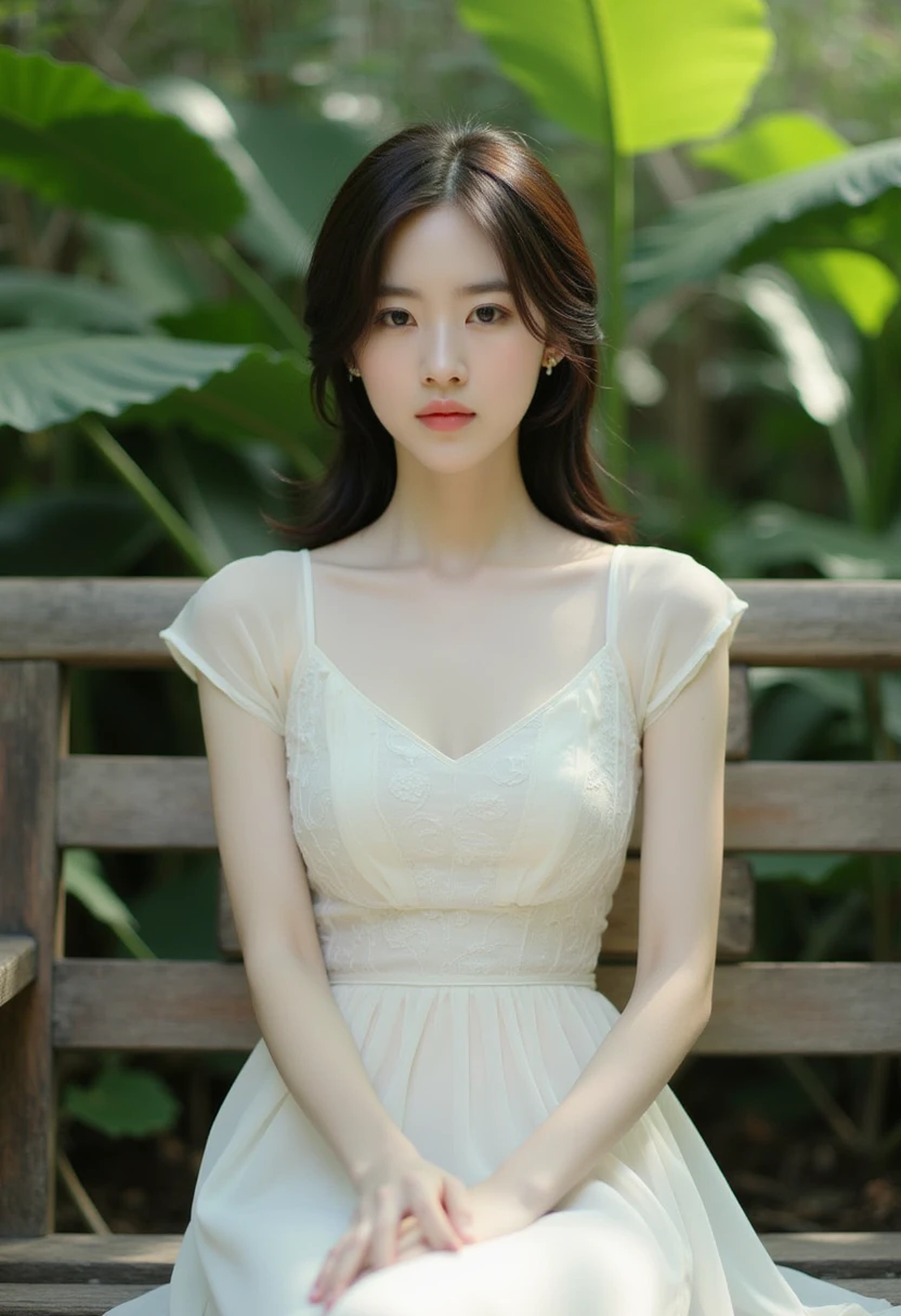 Close-up of a woman, a stunning Asian woman with delicate features, wearing a intricately patterned ao yem trang dress, crisp white top, and flowing white skirt, sitting serenely on a weathered wooden bench, enveloped by lush, vibrant green foliage with subtle hints of mist. Soft, warm light casts a gentle glow, accentuating her subtle, enigmatic smile, in ultra-high definition, photorealistic detail.