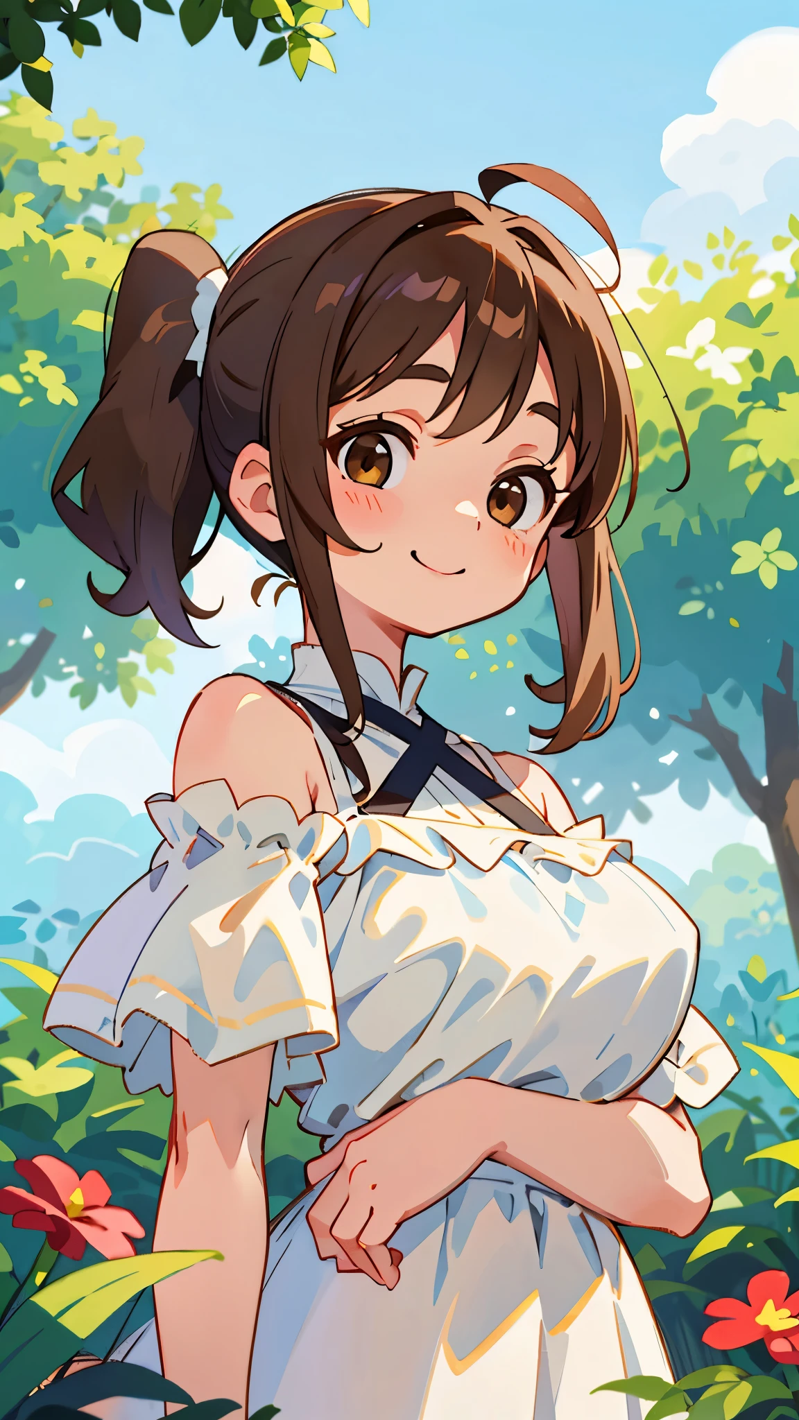 １ girls 、Big Eyes、Dark brown eyes、Light Brown Hair、 side ponytail、Big Breasts、Ahoge、 plain white off-the-shoulder dress、Short sleeve、Frills、 upper body closeup、The background is a garden with fluttering petals 、smile、From the side、Picturesque、Sharp contours