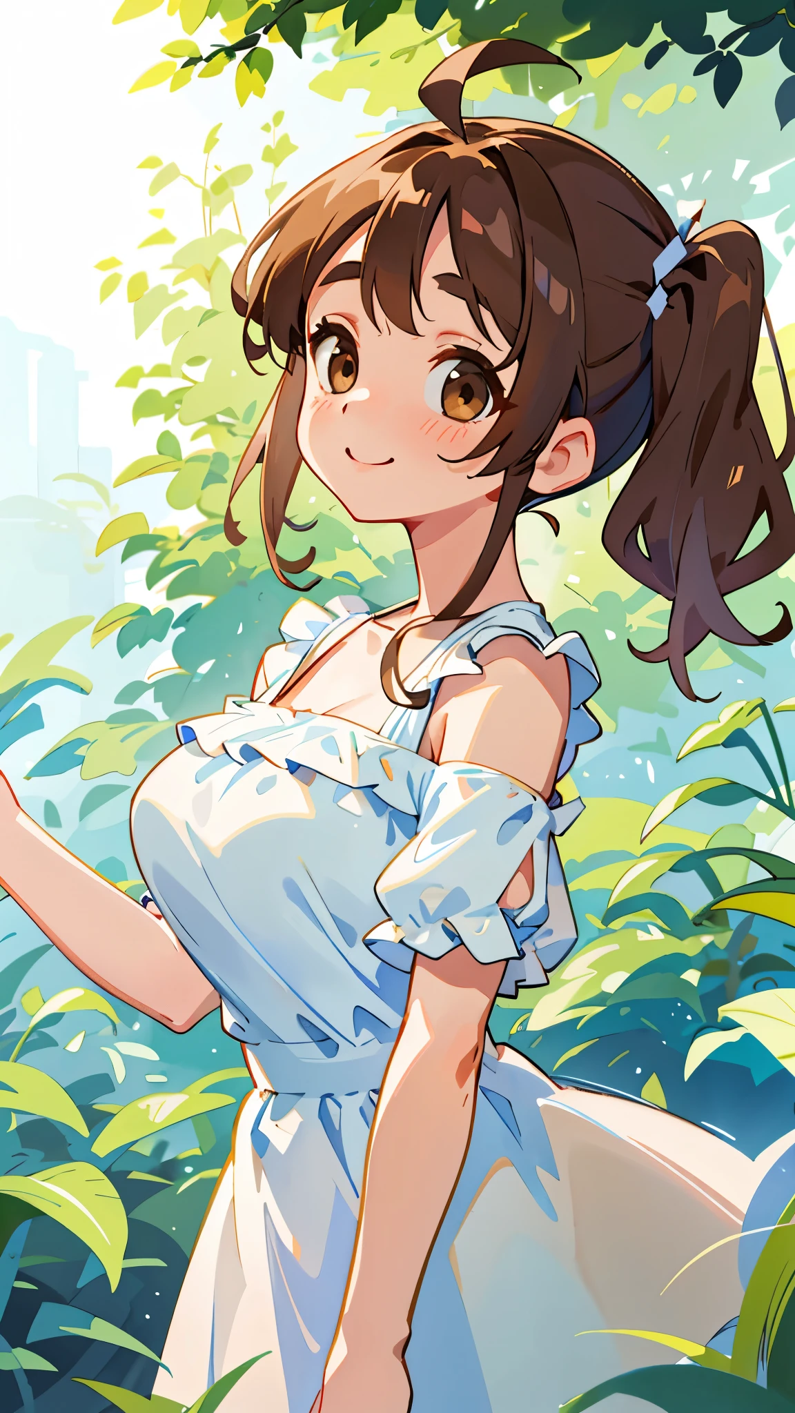 １ girls 、Big Eyes、Dark brown eyes、Light Brown Hair、 side ponytail、Big Breasts、Ahoge、 plain white off-the-shoulder dress、Short sleeve、Frills、 upper body closeup、The background is a garden with fluttering petals 、smile、From the side、Picturesque、Sharp contours