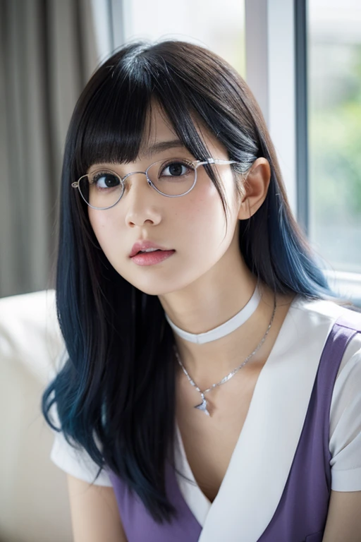 37-year-old Japanese woman、145 cm tall   、Baby Face、   semi-long and light curls  、Blue Hair Color、  white skin、(Slightly round eyes1 :1.2)、Small Mouth、   The outline of her jaw is slightly rounded  、  her gills are slightly stretched  、Nipples are pink、Boobs and nipples visible、Bust is small、 Slightly slim、 wearing a purple choker、 wears small round black-rimmed glasses  、   she is staring at me shyly   、 Near the apartment window 、   sitting on a beige sofa  、 Look up at me from below 、  upper body closeup、The room is bright、The wallpaper is white  、 Slightly droopy eyes、 Cheeks are a little red、 Wearing a silver necklace 、slight freckles  、Brown eyes、Bright sunlight during the day、