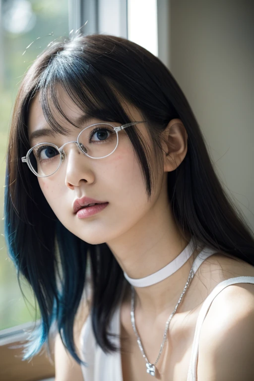 37-year-old Japanese woman、145 cm tall   、Baby Face、   semi-long and light curls  、Blue Hair Color、  white skin、(Slightly round eyes1 :1.2)、Small Mouth、   The outline of her jaw is slightly rounded  、  her gills are slightly stretched  、Nipples are pink、Boobs and nipples visible、Bust is small、 Slightly slim、 wearing a purple choker、 wears small round black-rimmed glasses  、   she is staring at me shyly   、 Near the apartment window 、   sitting on a beige sofa  、 Look up at me from below 、  upper body closeup、The room is bright、The wallpaper is white  、 Slightly droopy eyes、 Cheeks are a little red、 Wearing a silver necklace 、slight freckles  、Brown eyes、Bright sunlight during the day、