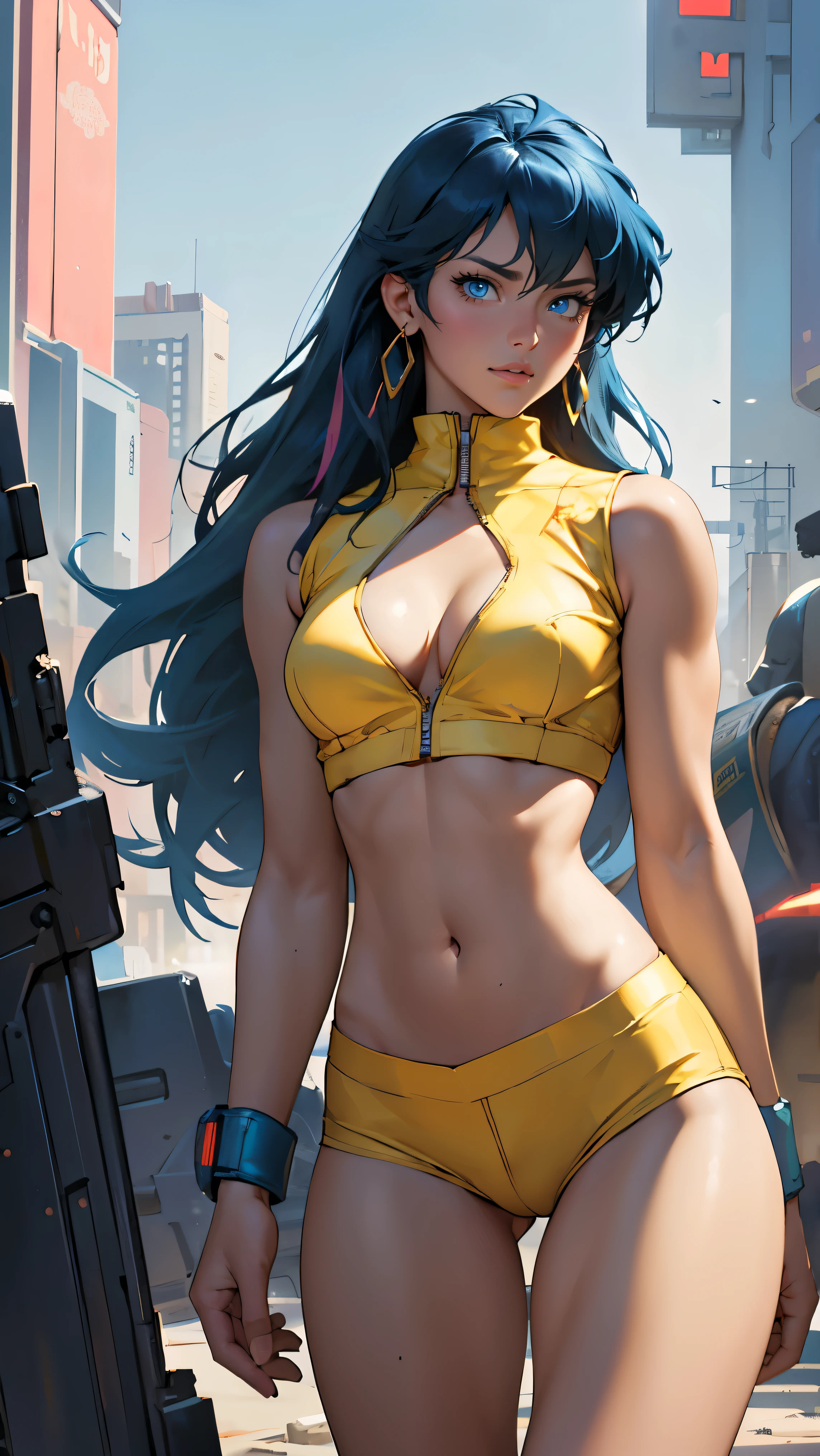 ((Masterpiece, highest quality; 1.3)), super quality, beautiful detail, super detailed, extra fine, 16K, exquisite, absurd, high resolution, beautiful background, detailed background, beautiful eyes, beautiful skin, anime style, dirtypairyuri, Dirty Pair Yuri in a skimpy light yellow outfit, long blue hair, blue eyes, earrings, white yellow uniform, white crop top, cutout, sleeveless, wearing tight clothing, skimpy, (breasts: 1.2), cleavage, cleavage, , obliques, fit arms, slim waist, ((wide hips)), fit thighs, (thigh gap), showing stomach, (skinny frame), wide hips, cyberpunk city background, holding a retro space gun