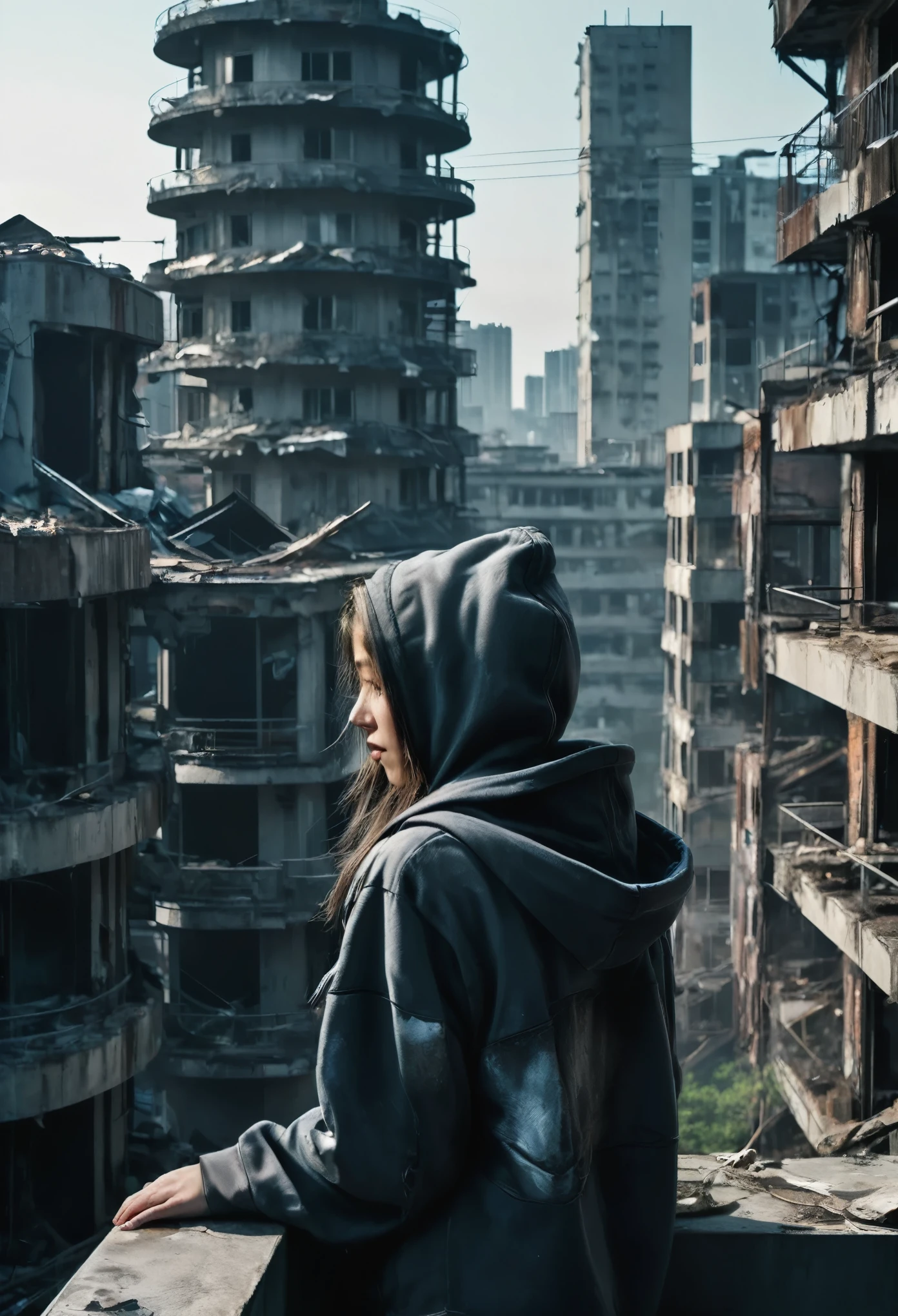 image taken from above and behind the shoulder of a GIRL on her back and DRESSED IN A HOOD of a second-floor balcony of a dilapidated futuristic building, She is looking at an aerial view of an ultrafuturist North American megalopolis , dystopian, Trash on the streets, dilapidated curved buildings , modern apocalypse , view of the entire city with many , cylindrical buildings and metal houses in dark colors from dark blue to black and in ruins , the apocalyptic city has shades of metallic gray , have smoldering metal structures , This'It's raining, there are pools of water on the streets , apocalyptic industrial environment with smoke and fog surrounding , dark cars on the streets , have wide and long viaducts bifurcated in the middle of the city , desert megalopolis, rails Modern metal trains passing through the streets of the city , tall futuristic metal buildings , many ultramodern buildings surrounding , the wind lifts paper and dirt into the air, heavy gray clouds , Stormy sky, as realistic as possible, as detailed as possible, realistic image, science fiction