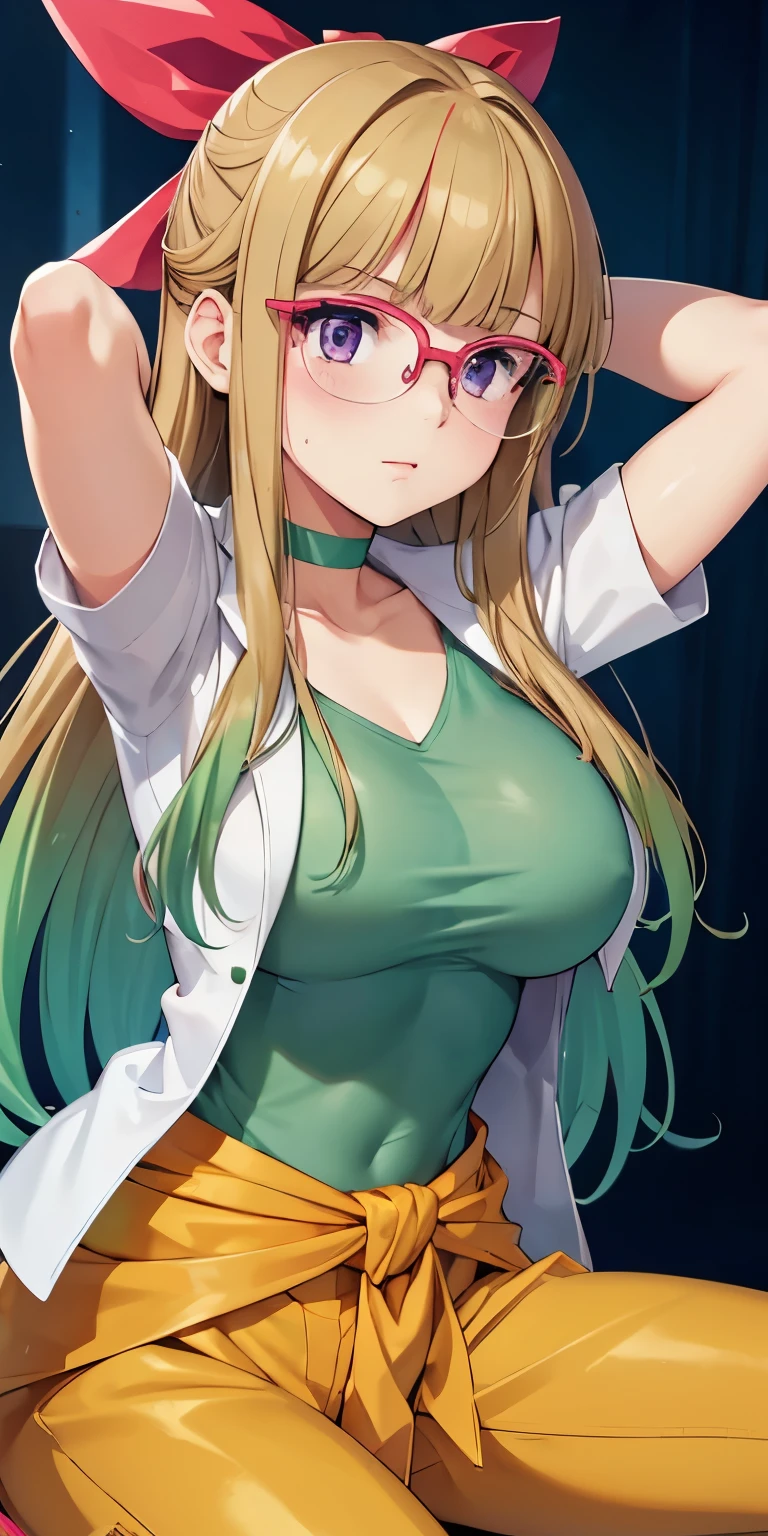 1 Female,High definition,high resolution,Ultra-realistic,8K, hy1, ohdoyuamu, 1girl, solo, long hair, green hair, blonde hair, brown hair, bow, ribbon, purple eyes, hair ribbon, hair bow, glasses, green choker, white gloves, blunt bangs, red-framed eyewear, jacket, green shirt, short sleeves, white jacket, clothes around waist, orange pants, large breasts,European,sexy,Upper body close-up,Photographed from the front,Dynamic Angles,(blush), (medium tits) ,(arms behind head),(sitting on knees)