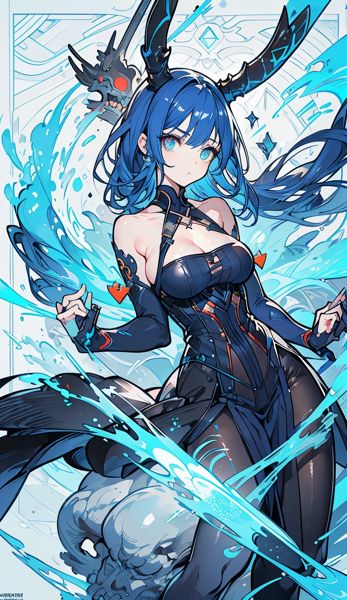 Best Quality, anime illustration, Digital Painting, Bonanus, lying, 1girl, long blue hair, Horns, blue eyes, Bodysuit, bare shoulders, cleavage, finely detailed background, amazing background, big eyes, quiet look, under water, skinny body, little chest, Blue hair, ((leggins)), ((pantyhouse))