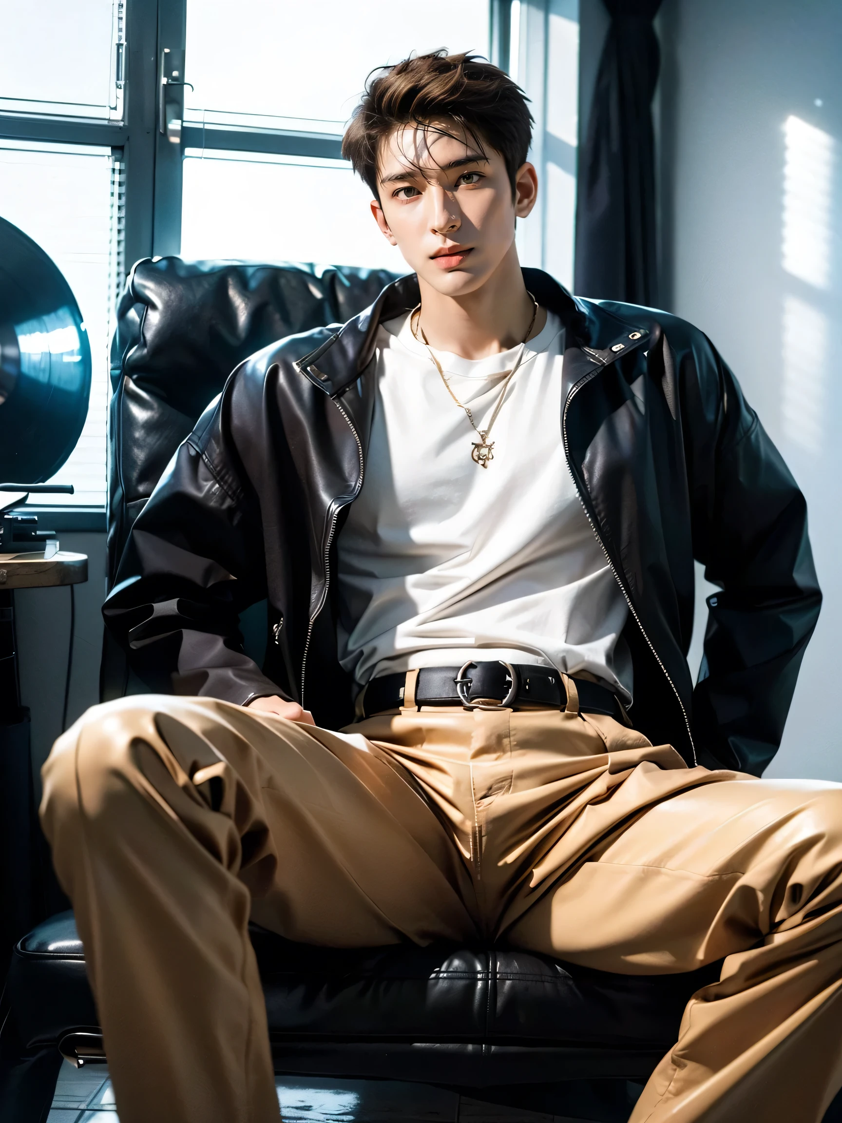 photography, masterpiece, best quality, 8k, highres, A Yung man,20 years old,Height 190cm,Tall model figure,(The most handsome man in the world),(((brown hair))) , (20 years old asian man:2), super young:2 ,(black eyes), ((Korean man)), (((Asian Men))),handsome, with a sexy body, He poses handsomely,He is a Korean idol,((half body to knees shot)),(digital photography,realistic,Photorealistic,Photoreal) ,(bestquality), (top-quality), (high-level image quality), (((Bright and even light))),, (((Bright and even light))), (((Bright and even light))),(macular man ),(dark skin:1.9),(macular man ),((alone)) ,(long pants),Korean Fashion,((complete clothes)),Knitted shirt,( long Pants),(((without makeup))), long sleeve top,trousers, ,oversized,belt, short hair, Special Design clothes , jacket,Fashion shirt ,Black and White Dress , relaxed pose,trousers, trousers,In a soundproof room、Record a song、Everyday photography、((Shot alone))、((Upper body photography))