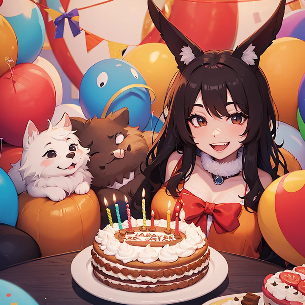 Furry animals at a birthday party, smiling at the camera