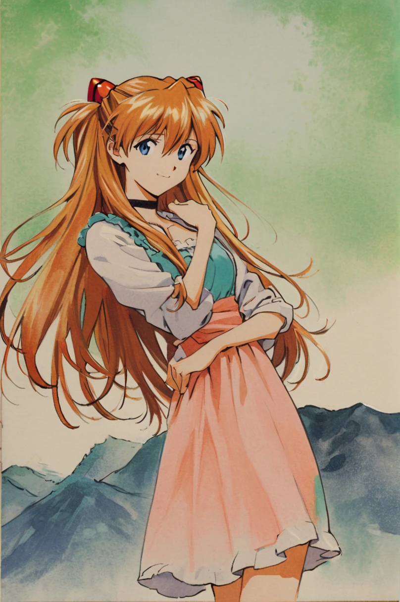 water colour painting, Sohryu Asuka Langley, 1girl, solo, long hair, orange hair, bangs, hair between eyes, two side up, hair ornament, interface headset, blue eyes, open smile, black choker, dirndl dress, hilly background, looking at viewer, cowboy shot, soft colours, traditional media
