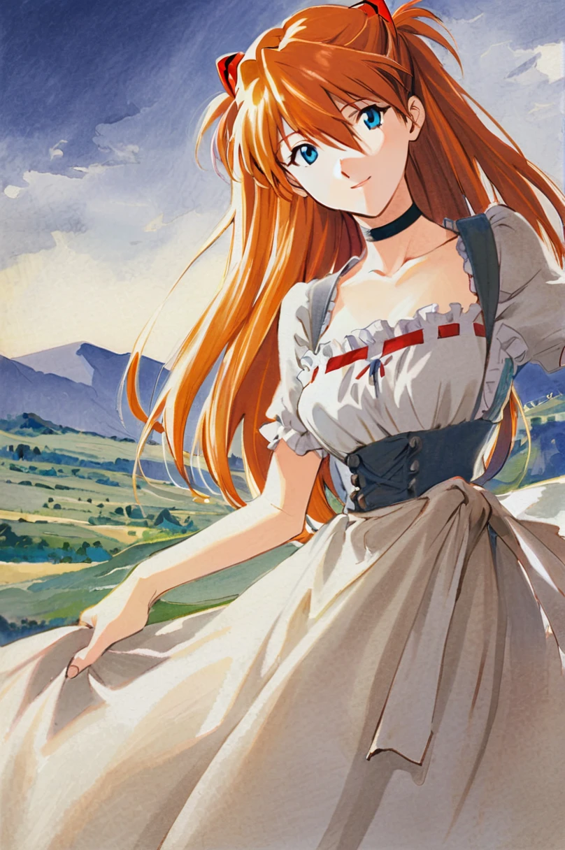 water colour painting, Sohryu Asuka Langley, 1girl, solo, long hair, orange hair, bangs, hair between eyes, two side up, hair ornament, interface headset, blue eyes, open smile, black choker, dirndl dress, hilly background, looking at viewer, cowboy shot, soft colours, traditional media
