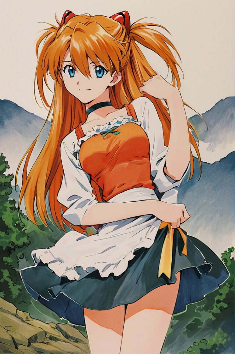 water colour painting, Sohryu Asuka Langley, 1girl, solo, long hair, orange hair, bangs, hair between eyes, two side up, hair ornament, interface headset, blue eyes, open smile, black choker, dirndl dress, hilly background, looking at viewer, cowboy shot, soft colours, traditional media
