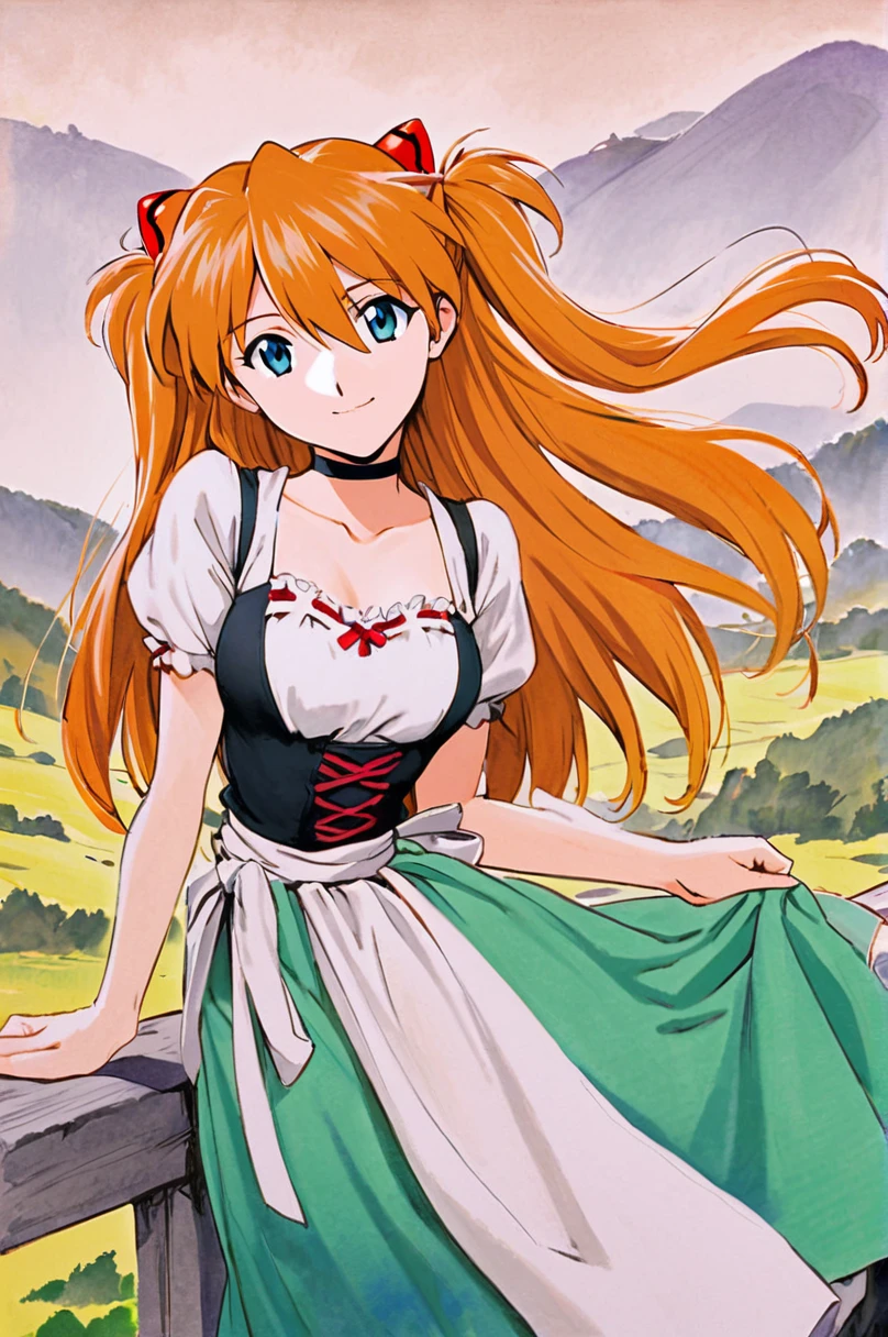 water colour painting, Sohryu Asuka Langley, 1girl, solo, long hair, orange hair, bangs, hair between eyes, two side up, hair ornament, interface headset, blue eyes, open smile, black choker, dirndl dress, hilly background, looking at viewer, cowboy shot, soft colours, traditional media
