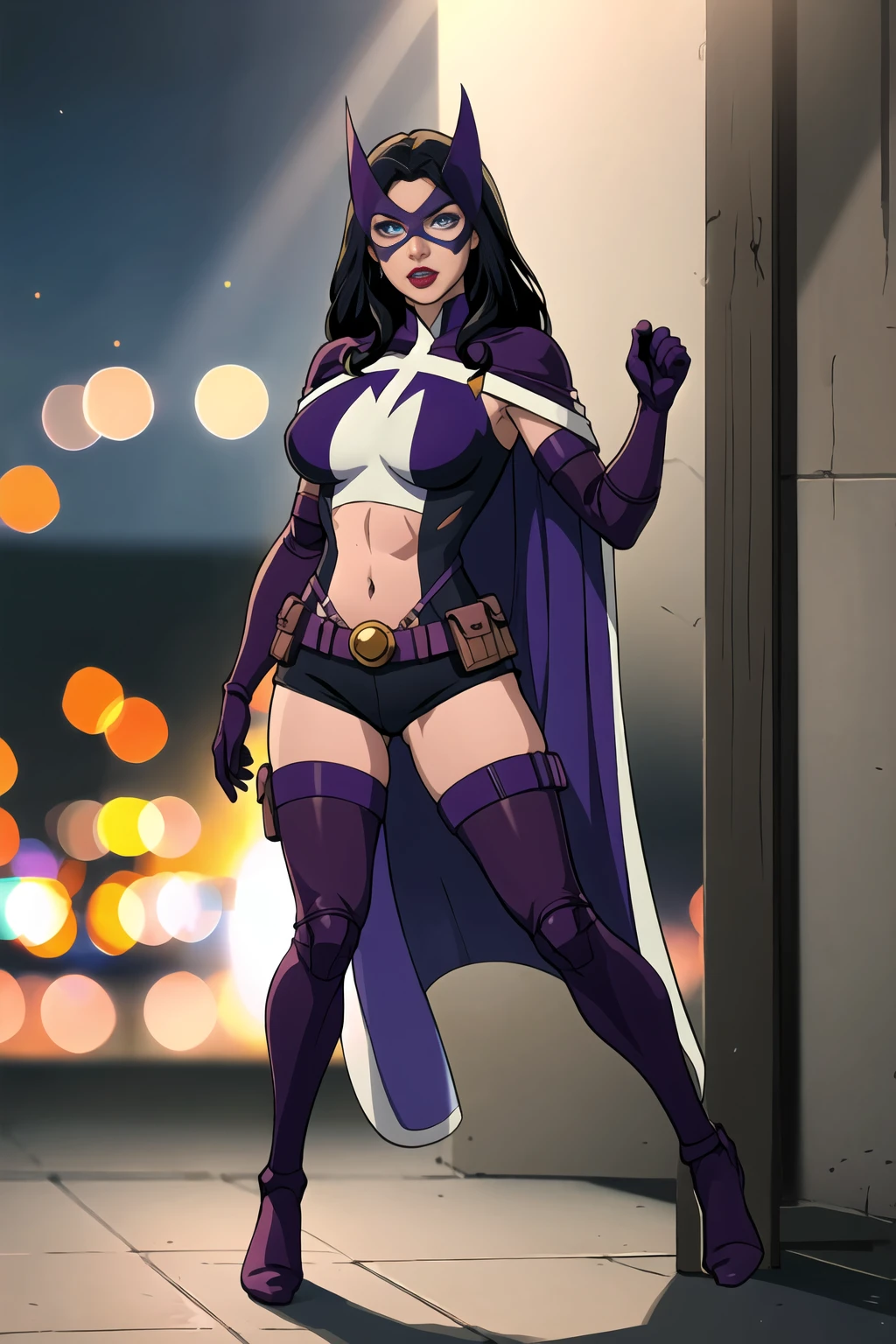 ((photo by full body, standing, Feet on the ground))masterpiece, best quality, 
CARTOON_DC_huntress_ownwaifu, www.ownwaifu.com, 
long hair, breasts, black hair, makeup, large breasts, lipstick, lips, blue eyes, red lips, 
gloves, thighhighs, cape, mask, navel, elbow gloves, superhero, midriff, belt, leotard, purple gloves, utility belt, pouch, belt pouch, domino mask, black thighhighs, purple leotard, purple thighhighs, short shorts, clothing cutout, bodysuit, impossible clothes, purple cape, navel cutout, 
(extremely detailed fine touch:1.2), (natural light, sun light, light rays, dappled light, ray tracing:1.2), masterpiece, best quality, highly quality ,official art, 8K, highres, (absurdres:1.2), (bokeh:1.2),