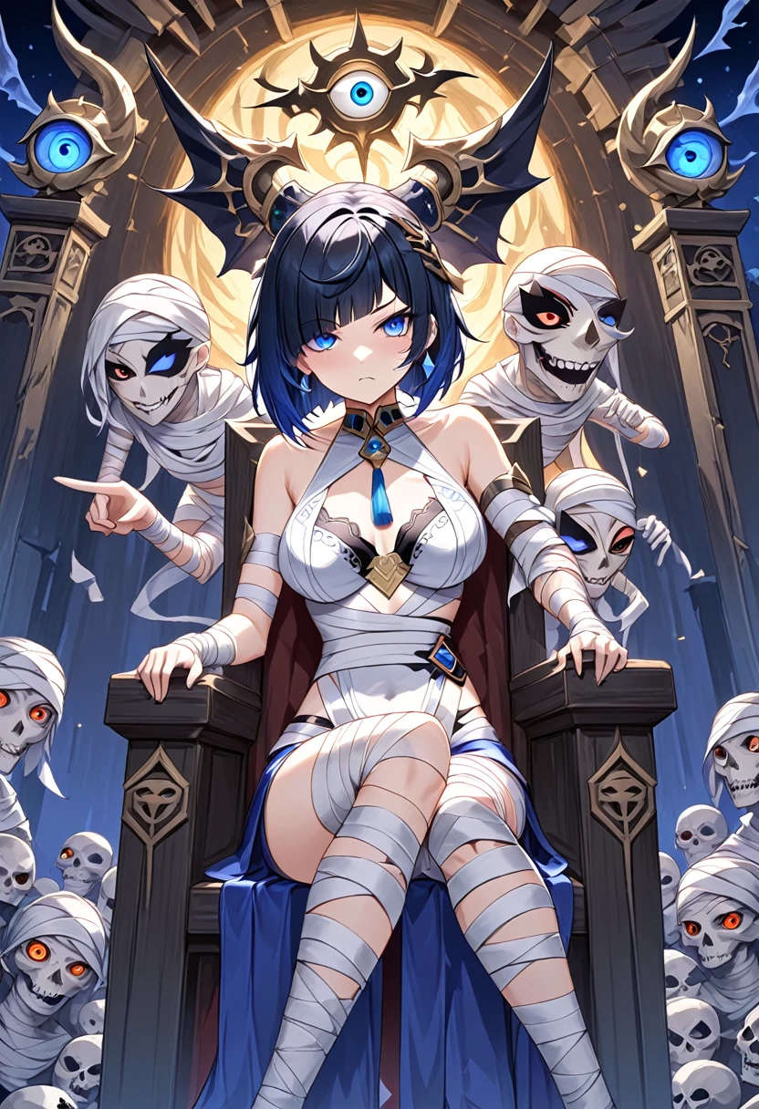 1girl, yelan \(genshin impact\), bandages, outdoor, sitt on skull thrones,mummy, hallow, night time, finger pointing at viewer, ((bandaged wholebody)),angry expression, many eyes on the background