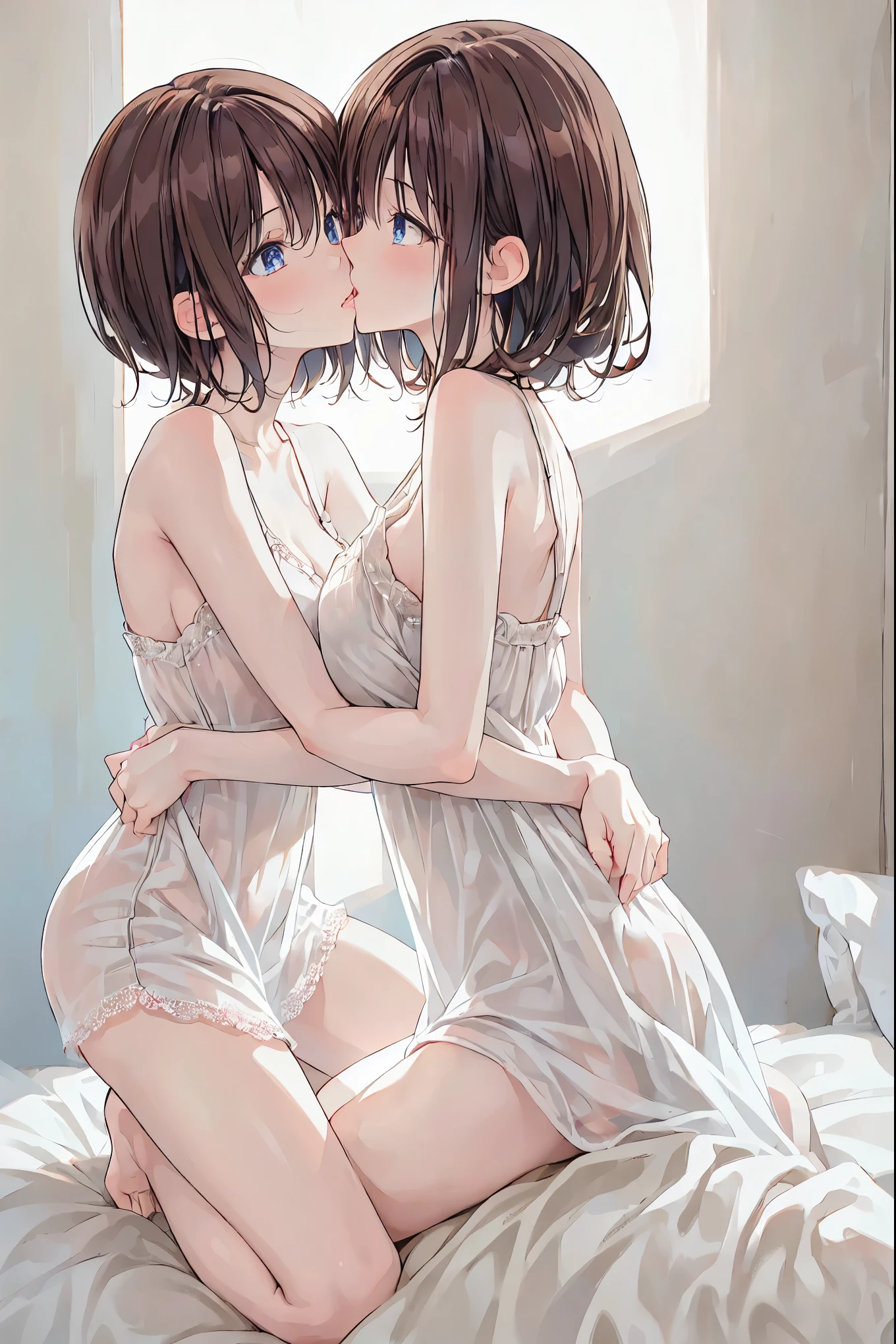 How a girl sits， written border depth, Delicate Eyes, Fine skin、smooth、Perfect beauty、Small breasts、thin，((Natural Style))，Brown Hair、Truly beautiful、Beautiful profile， perfect style，Ahegao，((Boyish clothes))， shortcut， Western-style room， on the bed ，Dimly lit ， My Face Turned Red ，((Girl kissing))，((Embrace each other and kiss deeply))、((Kissing Eyes))，(( girly clothes))，((Natural posture))