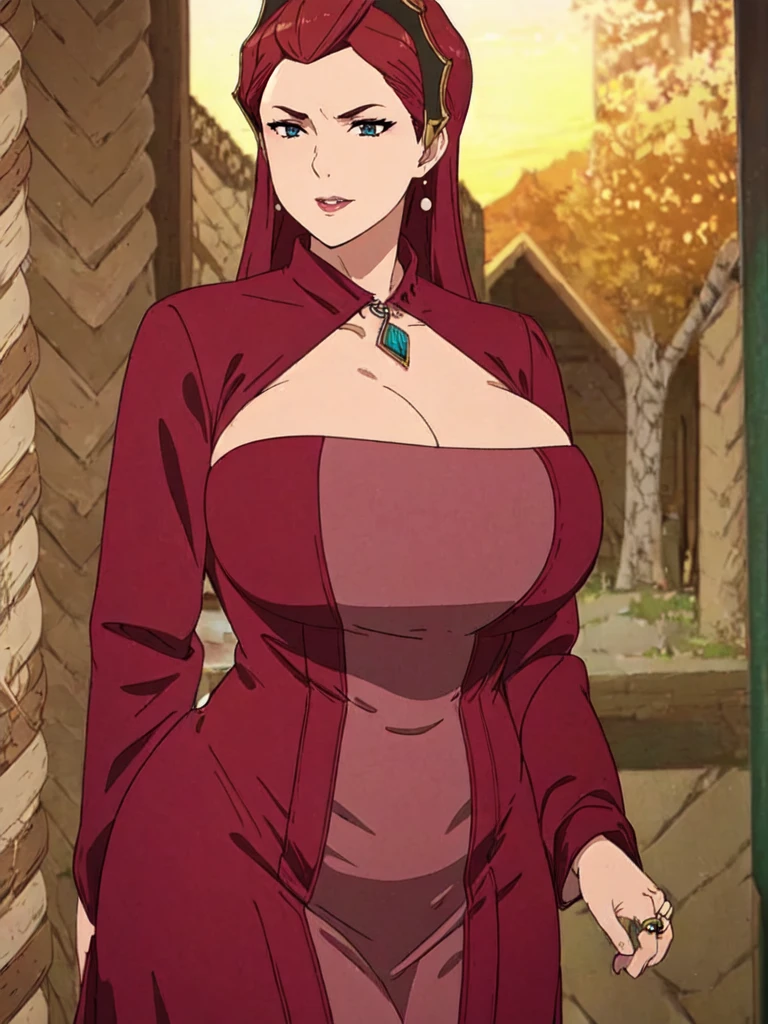 ((Farmer outfit with cleavage)), maroon hair, Gilf, busty, huge, cleavage, detailed, upperbody, wringkle skin,Sagging breast,Fullbody view,wedding ring,Smile,((Wedding Ring)),Detailed body,Hyper Quality,Sign of Aging,Curvy figure,Bloated belly,Skindentation,Wringkle in face,((Colorless lips)), Gorgeous and sultry busty athletic (thin) peasant with sharp facial features wearing a modest updo, messy bun, medieval cap, (wimple), shawl, coarse wool dress, rough-spun grey and brown medieval dress, long sleeves, wide neck, long dress, tight bodice, corset, Middle Ages, cottage, farm, exterior, trees, countryside, evening, sunset,blue drop earring,Wedding ring,slicked bang hair,Solo,1girl