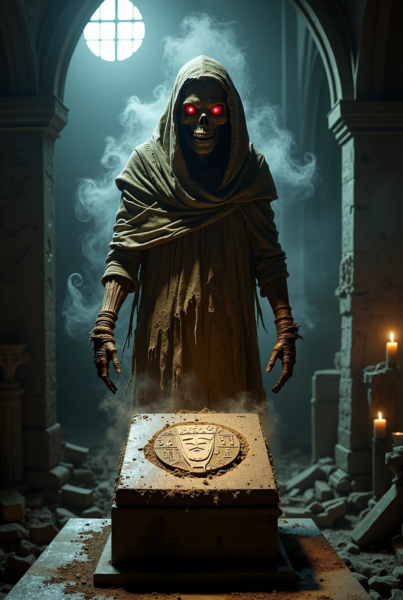 An ultra-fidelity, award-winning digital art masterpiece depicting a dark, eerie scene in an ancient museum. At the center, a decaying Egyptian mummy stands wrapped in frayed, yellowed linen bandages. Its hollow eye sockets glow with a sinister red light, casting shadowy mist that twists through the air. The mummy’s cracked lips form a twisted snarl, creating an unsettling sense of menace.

Faint moonlight filters through broken windows, illuminating hieroglyphs on a crumbling stone pedestal. Shadows deepen around the display, while the black mist swirls, adding to the ominous atmosphere. The mummy’s skeletal hand seems to twitch, as if coming to life, its red gaze filled with ancient malice.

Surrounding the mummy are shattered display cases and fallen artifacts, amplifying the sense of decay. The scene captures the moment when the mummy begins to awaken, turning the museum into a place of terror, all rendered in ultra-high detail with a haunting, supernatural vibe.