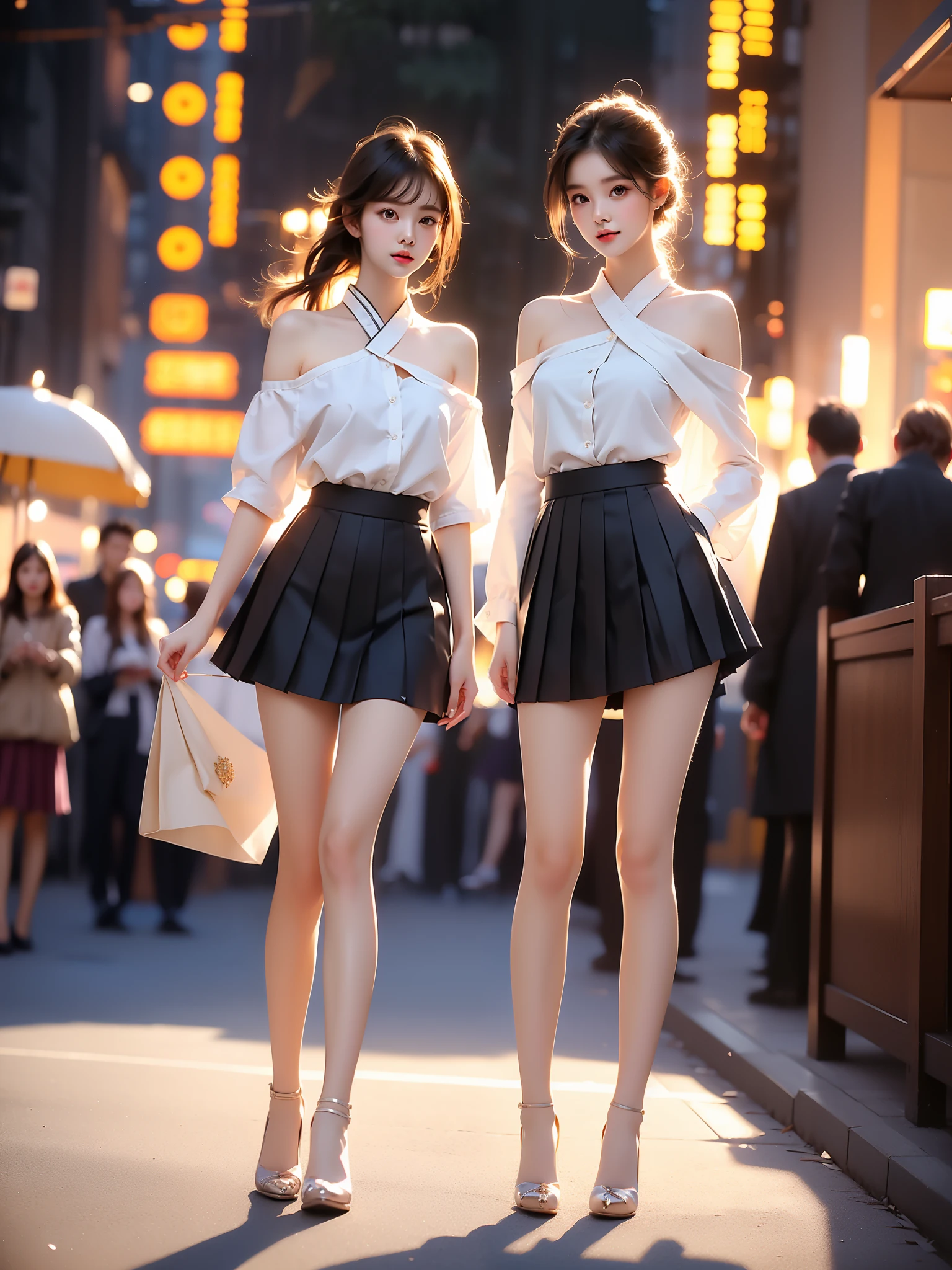 xiaofu,school uniform,shirt,skirt, ,((full body)), ((single bare shoulder)), (Asian beauty: 1.3), girl, solo, ((Pleated skirts, short skirts, , very short hemline)), (toned body: 1.2), (naturally large breasts: 1.1), (visible cleavage: 0.8), (smooth flawless skin: 1.2), (perfect anatomical proportions: 1.3), (anatomically correct legs: 1.3), (elegantly long legs: 1.3), 1.1) Hands gently lift the skirt, (detailed features: 1.2), (big bright eyes: 1.1), (long eyelashes: 1.1), charming smile, gentle and confident expression, Head slightly tilted, long flowing hair, (night scene: 1.1), (starry sky: 1.0), (space background: 0.9), (professional soft light: 1.2), (warm tone: 1.1), (Masterpiece: 1.4), (Super Detail: 1.3), (Sharp focus: 1.2), (Realistic: 1.2), (Hi-Fi: 1.1)