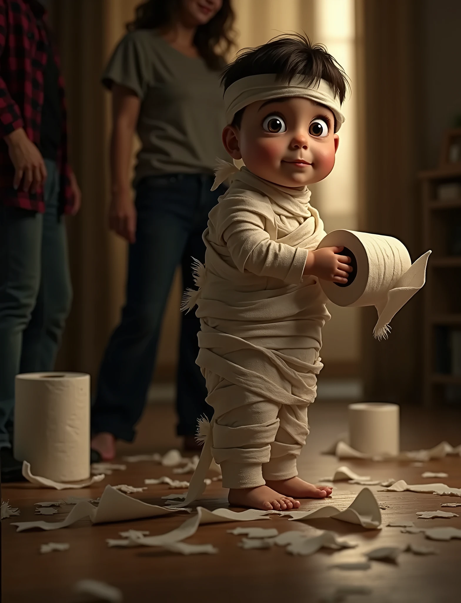 boy disguised as a mummy ,  wrapped with toilet paper ,  rolls of toilet paper rolling on the floor, funny scene,  pairs standing in the background of the scene ,  laughing when he sees his son in costume , UHD, Retina, masterpiece, Accurate, Anatomically correct, textured skin, Super detail, high details,  high quality ,  award winning , best quality, highres, 1080P, HD, 16K