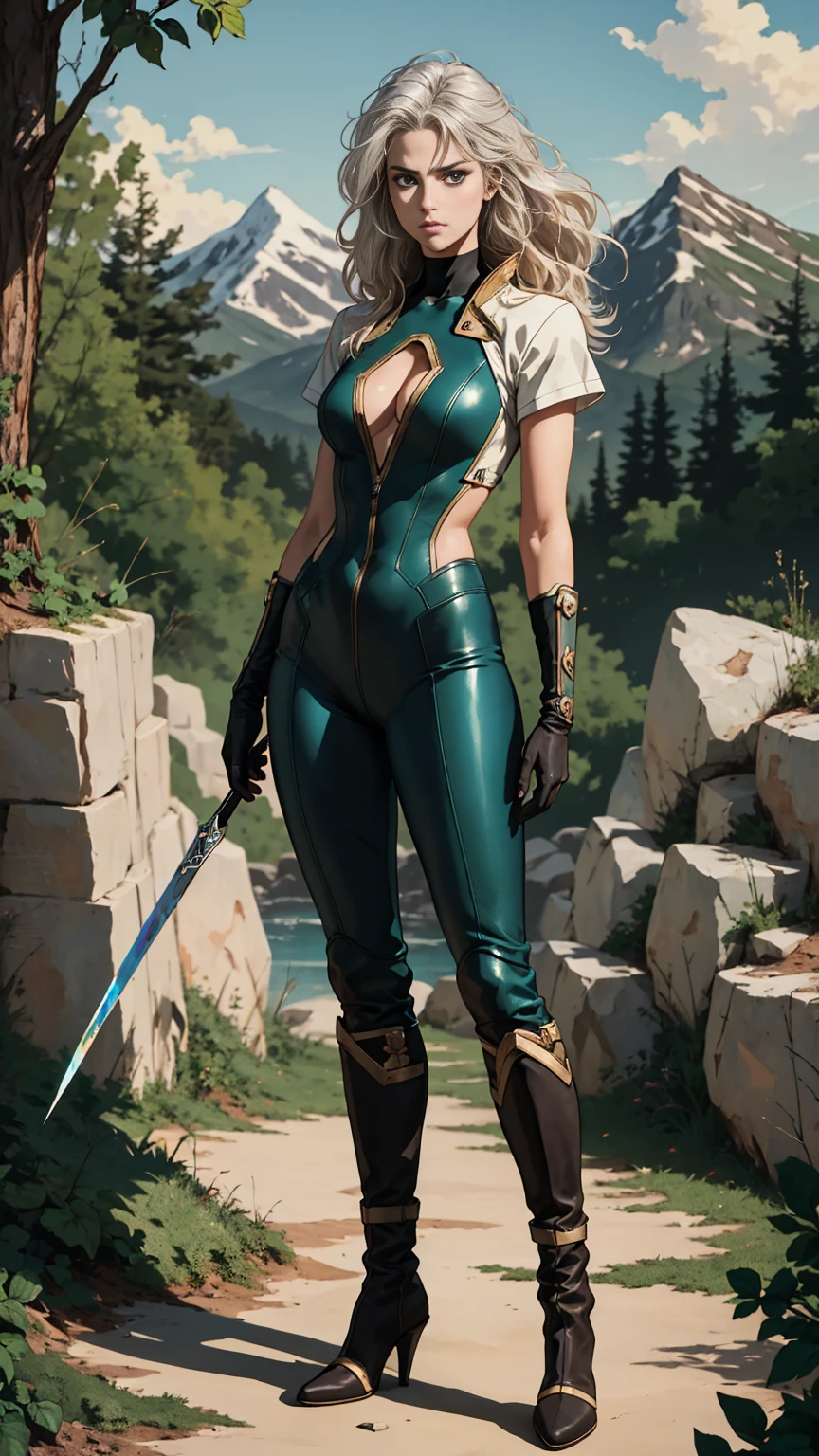 (((full body photo))),A middle-aged beautiful woman, long platinum-blond hair, neatly combed hair, a square face, a serious expression, sharp eyes, tall figure, a dark fantasy-realistic style bodysuit, short sleeve, a silver-white chestplate, gloves with metal accessories, three metal blades extending from the gloves, tight-fitting pants that match the bodysuit, silver-white metal shin guards, boots, the background is a mountain forest at night, with falling leaves, this character embodies a finely crafted fantasy-realistic style assassin in anime style, characterized by an exquisite and mature manga illustration art style, high definition, best quality, highres, ultra-detailed, ultra-fine painting, extremely delicate, professional, anatomically correct, symmetrical face, extremely detailed eyes and face, high quality eyes, creativity, RAW photo, UHD, 8k, Natural light, cinematic lighting, masterpiece-anatomy-perfect, masterpiece:1.5