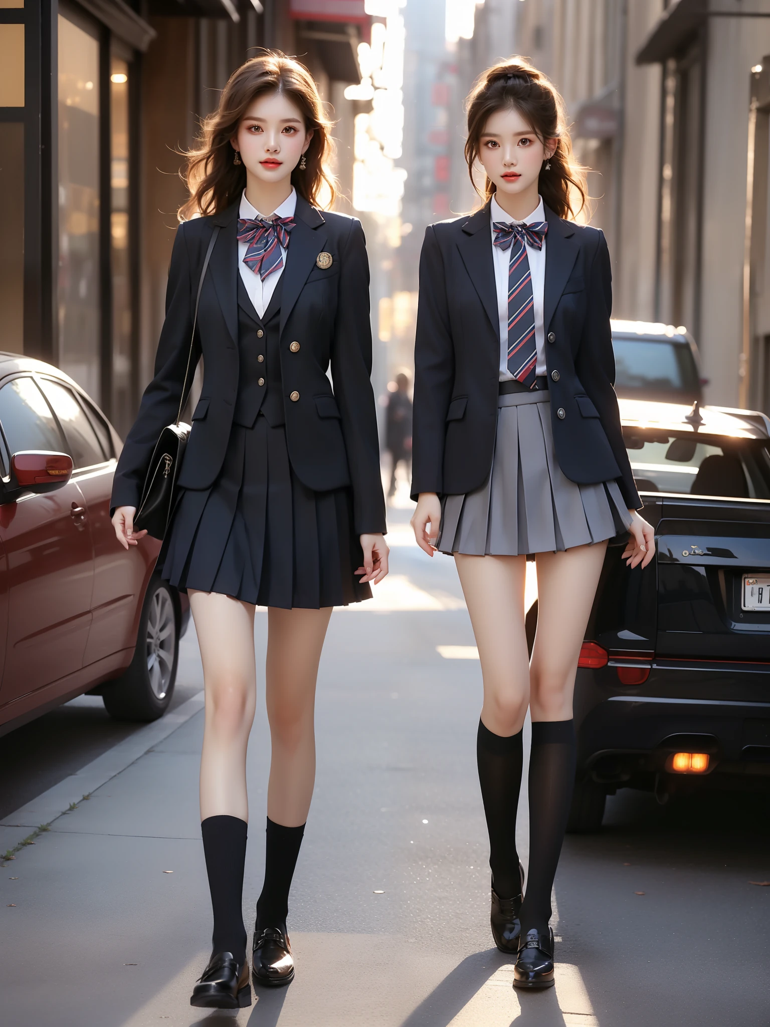 school uniform,
collared shirt,striped necktie, vest, long sleeves, pants,buttons,badge, shoes,watch,
collared shirt,striped bowtie, blazer, jacket, long sleeves, pleated skirt,buttons,badge, thighhighs, high heels, ,((full body)), ((single bare shoulder)), (Asian beauty: 1.3), girl, solo, ((Pleated skirts, short skirts, , very short hemline)), (toned body: 1.2), (naturally large breasts: 1.1), (visible cleavage: 0.8), (smooth flawless skin: 1.2), (perfect anatomical proportions: 1.3), (anatomically correct legs: 1.3), (elegantly long legs: 1.3), 1.1) Hands gently lift the skirt, (detailed features: 1.2), (big bright eyes: 1.1), (long eyelashes: 1.1), charming smile, gentle and confident expression, Head slightly tilted, long flowing hair, (night scene: 1.1), (starry sky: 1.0), (space background: 0.9), (professional soft light: 1.2), (warm tone: 1.1), (Masterpiece: 1.4), (Super Detail: 1.3), (Sharp focus: 1.2), (Realistic: 1.2), (Hi-Fi: 1.1)