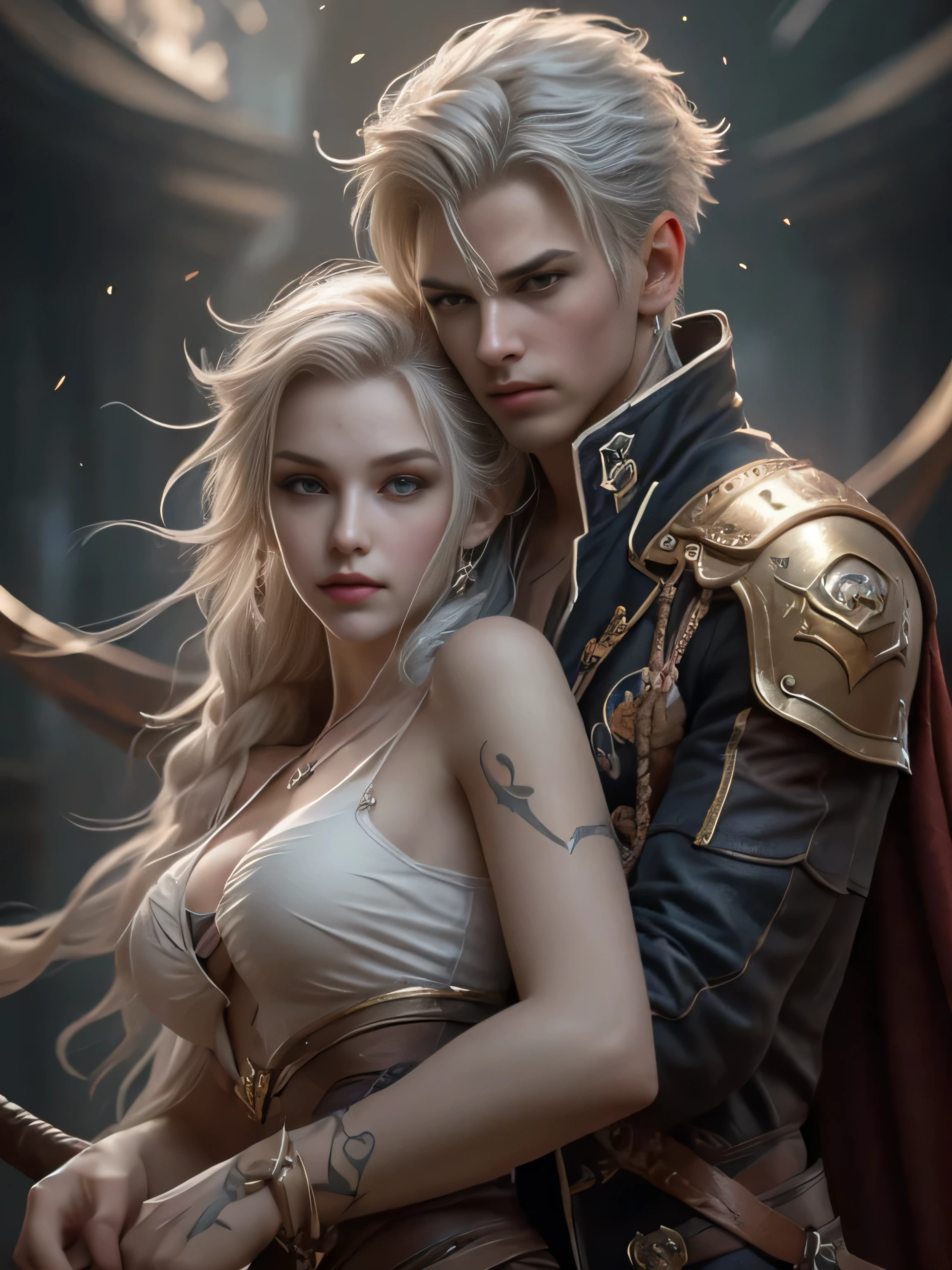 (Best Quality, Super Detail, Masterpiece, Representative Work, Official Art, Professional, Super Fine Detail, 8k:1.3), (Photorealism:1.2), (Couple, Beautiful Girl and Boy), Pirate beauty and handsome man Pirate, Handsome guy hugs beautiful girl from behind, Jolly Roger in the Sky, British Coat of Arms on the Body, Sawed-Off Shotguns, A Crowd of Thugs. They Are Not Afraid of Death, Nimble as Hell, And Stoned with a Plan, The Captain's Pride, Correct Proportions, Perfect Face, Perfect Eyes, Perfect Hands, Sweet Atmosphere, Photorealistic, Sharp Focus, Dreamy Atmosphere, Delicate Details, Soft Volumetric Light), (Backlight:1.3), (Cinematic:1.2), Intricate Details, (ArtStation:1.3)