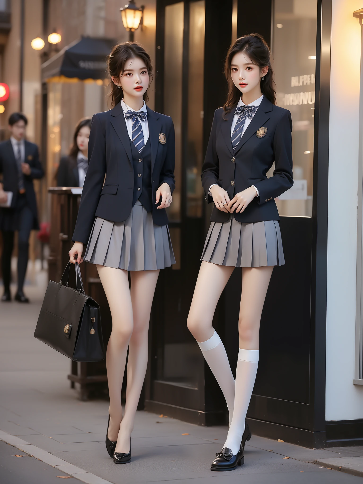 school uniform,
collared shirt,striped necktie, vest, long sleeves, pants,buttons,badge, shoes,watch,
collared shirt,striped bowtie, blazer, jacket, long sleeves, pleated skirt,buttons,badge, thighhighs, high heels, ,((full body)), (Asian beauty: 1.3), girl, solo, ((Pleated skirts, short skirts, , very short hemline)), (toned body: 1.2), (naturally large breasts: 1.1), (visible cleavage: 0.8), (smooth flawless skin: 1.2), (perfect anatomical proportions: 1.3), (anatomically correct legs: 1.3), (elegantly long legs: 1.3), 1.1) Hands gently lift the skirt, (detailed features: 1.2), (big bright eyes: 1.1), (long eyelashes: 1.1), charming smile, gentle and confident expression, Head slightly tilted, long flowing hair, (night scene: 1.1), (starry sky: 1.0), (space background: 0.9), (professional soft light: 1.2), (warm tone: 1.1), (Masterpiece: 1.4), (Super Detail: 1.3), (Sharp focus: 1.2), (Realistic: 1.2), (Hi-Fi: 1.1)