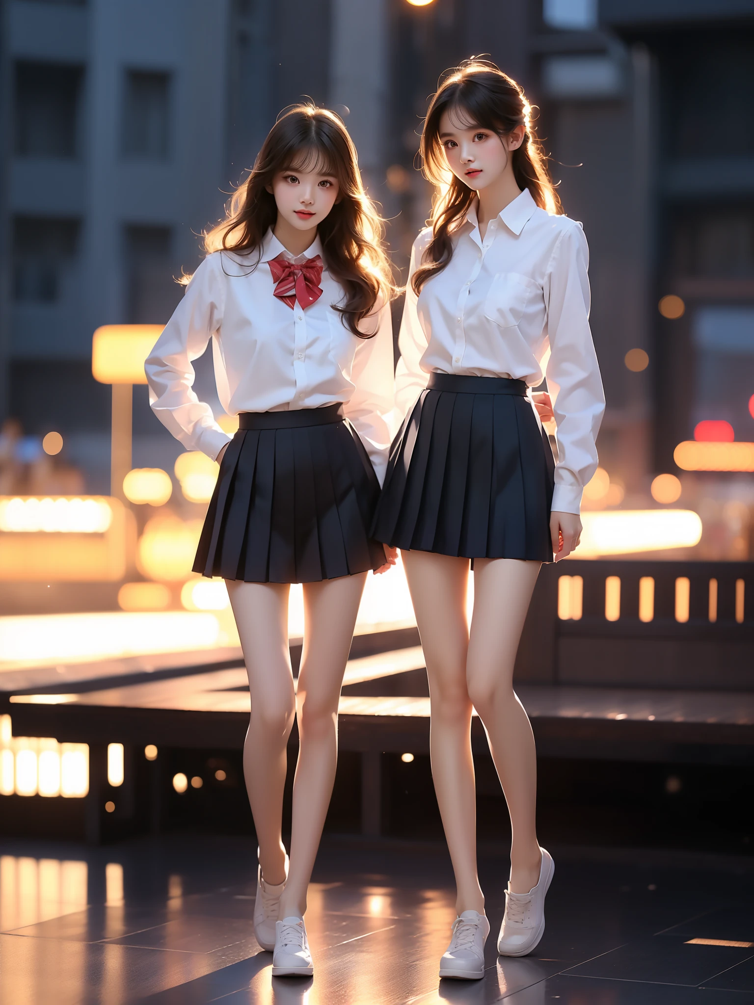 xiaofu, school uniform,collared shirt, pleated skirt, ,((full body)), (Asian beauty: 1.3), girl, solo, ((Pleated skirts, short skirts, , very short hemline)), (toned body: 1.2), (naturally large breasts: 1.1), (visible cleavage: 0.8), (smooth flawless skin: 1.2), (perfect anatomical proportions: 1.3), (anatomically correct legs: 1.3), (elegantly long legs: 1.3), 1.1) Hands gently lift the skirt, (detailed features: 1.2), (big bright eyes: 1.1), (long eyelashes: 1.1), charming smile, gentle and confident expression, Head slightly tilted, long flowing hair, (night scene: 1.1), (starry sky: 1.0), (space background: 0.9), (professional soft light: 1.2), (warm tone: 1.1), (Masterpiece: 1.4), (Super Detail: 1.3), (Sharp focus: 1.2), (Realistic: 1.2), (Hi-Fi: 1.1)