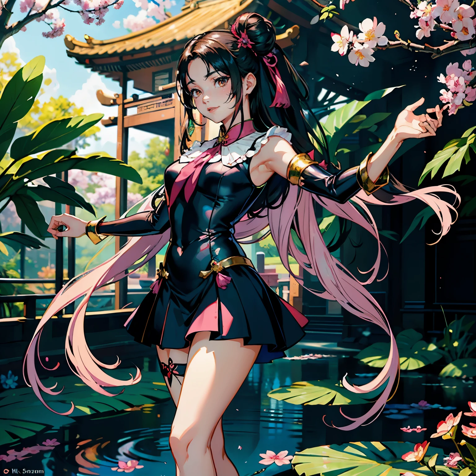 (highest quality, masterpiece, High resolution)、(anime art)、bright light、brown eyes、(sailormoon)、long hair、hair ornaments、Cute face details、enchanting smile、small breasts、whole body、((sakura tropical)) (best quality,4k,8k,highres,masterpiece:1.2),ultra-detailed,(realistic,photorealistic,photo-realistic:1.37),acrylic painting,beautiful Indonesian model wearing a vibrant pink black Chinese school uniform, beautiful Indonesian model in a pink blackl silk Chinese school uniform outfit with downy hair,beautiful Indonesian model's pink black silk dress adorned with cute bows and chains, beautiful Indonesian model with extremely colorful hair and detailed facial features,beautiful Indonesian model standing in a beautiful garden, beautiful Indonesian model with intricate accessories,beautiful Indonesian model posing gracefully,beautiful Indonesian model with long flowing long hair,beautiful bright brown eyes and rosy lips,beautiful Indonesian model with a joyful expression,beautiful Indonesian model in a dynamic pose with sakura blossoms falling around her,beautiful Indonesian model surrounded by colorful flowers and butterflies, thigh high tights,beautiful Indonesian model with an enchanting smile,beautiful Indonesian model with soft, pastel-colored shading, beautiful Indonesian model with a fairytale-like background,sailor moon hair, two hair buns