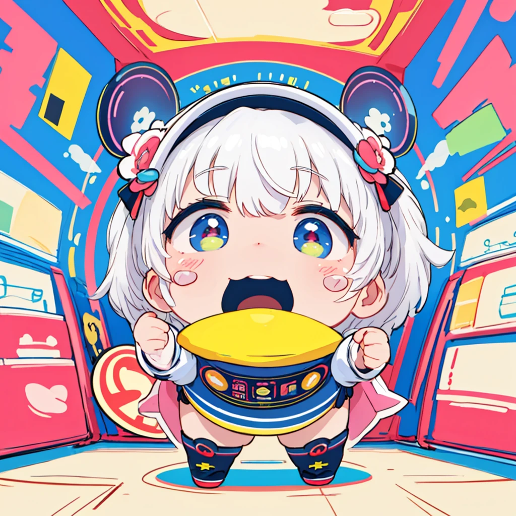 Chibi、cute、Bold and dynamic composition、X composition 、Fisheye Lens、Best Quality、最高masterpiece、Handsome face、、((Stickers))，Stickers， concept art,Under Art，Anime Style，Dreamland Wonderland、Utopian，masterpiece， Many colors ， DetailsDetails ，Seven Colors,(Best Qualityで最高の,masterpiece, Complex, Hyper Detailed ,8k ultra high definition, Super Power Factor  ，  very detailed  )，Neon Line Edging 、(Full Body:1.2), （Long eyelashes、Detailed eyes）、 staring at the viewer , A light smile, Milky white hair, 