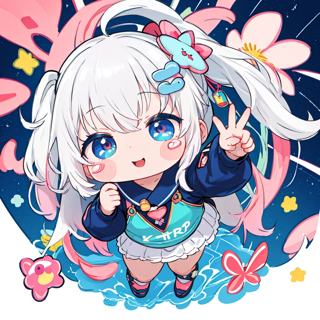 Chibi、cute、Bold and dynamic composition、X composition 、Fisheye Lens、Best Quality、最高masterpiece、Handsome face、、((Stickers))，Stickers， concept art,Under Art，Anime Style，Dreamland Wonderland、Utopian，masterpiece， Many colors ， DetailsDetails ，Seven Colors,(Best Qualityで最高の,masterpiece, Complex, Hyper Detailed ,8k ultra high definition, Super Power Factor  ，  very detailed  )，Neon Line Edging 、(Full Body:1.2), （Long eyelashes、Detailed eyes）、 staring at the viewer , A light smile, Milky white hair, 