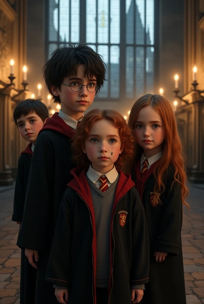 create a hyper-realistic image of Harry Potter  (eleven years) Gina Weasley (ten years) Rony Weasley (eleven years) Hermione Granger (eleven years) (girl long curly and voluminous brown hair ), Four friends, estrutura corporal e fisica de crianças de eleven years, The four of them are dressed in Hogwarts uniforms, Harry is protecting Gina with a scared expression. Harry Potter and the Philosopher&#39;s Stone.