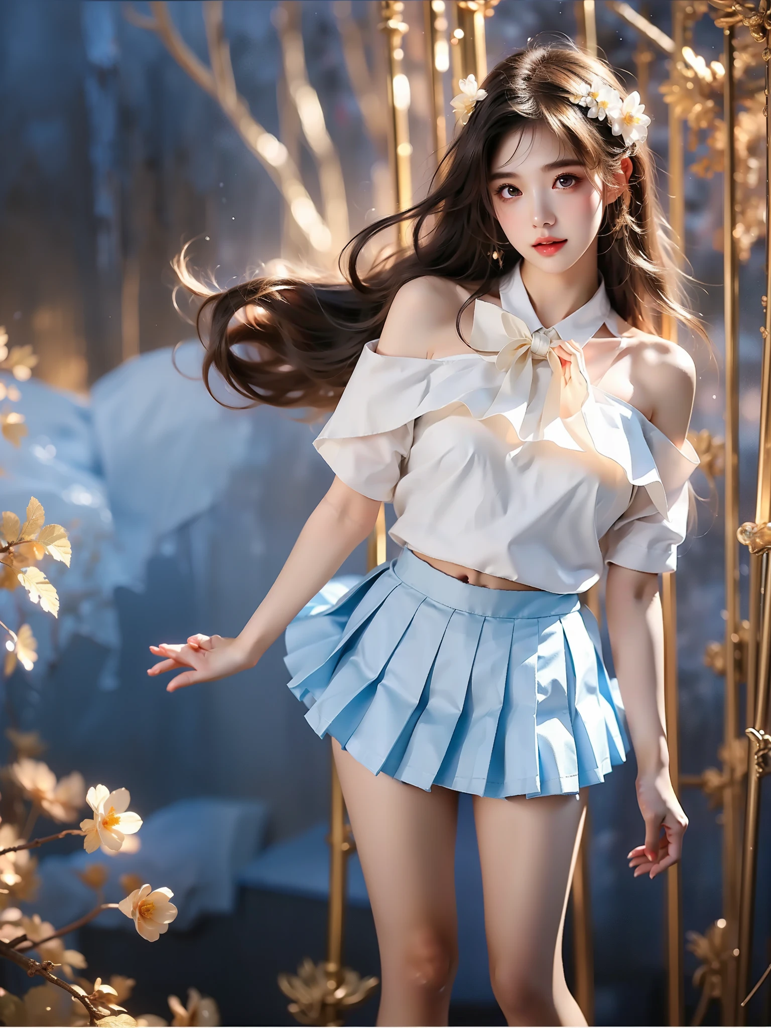 otonokizaka school uniform
school uniform ,((full body)), ((single bare shoulder)), (Asian beauty: 1.3), girl, solo, ((Pleated skirts, short skirts, , very short hemline)), (toned body: 1.2), (naturally large breasts: 1.1), (visible cleavage: 0.8), (smooth flawless skin: 1.2), (perfect anatomical proportions: 1.3), (anatomically correct legs: 1.3), (elegantly long legs: 1.3), 1.1) Hands gently lift the skirt, (detailed features: 1.2), (big bright eyes: 1.1), (long eyelashes: 1.1), charming smile, gentle and confident expression, Head slightly tilted, long flowing hair, (night scene: 1.1), (starry sky: 1.0), (space background: 0.9), (professional soft light: 1.2), (warm tone: 1.1), (Masterpiece: 1.4), (Super Detail: 1.3), (Sharp focus: 1.2), (Realistic: 1.2), (Hi-Fi: 1.1)