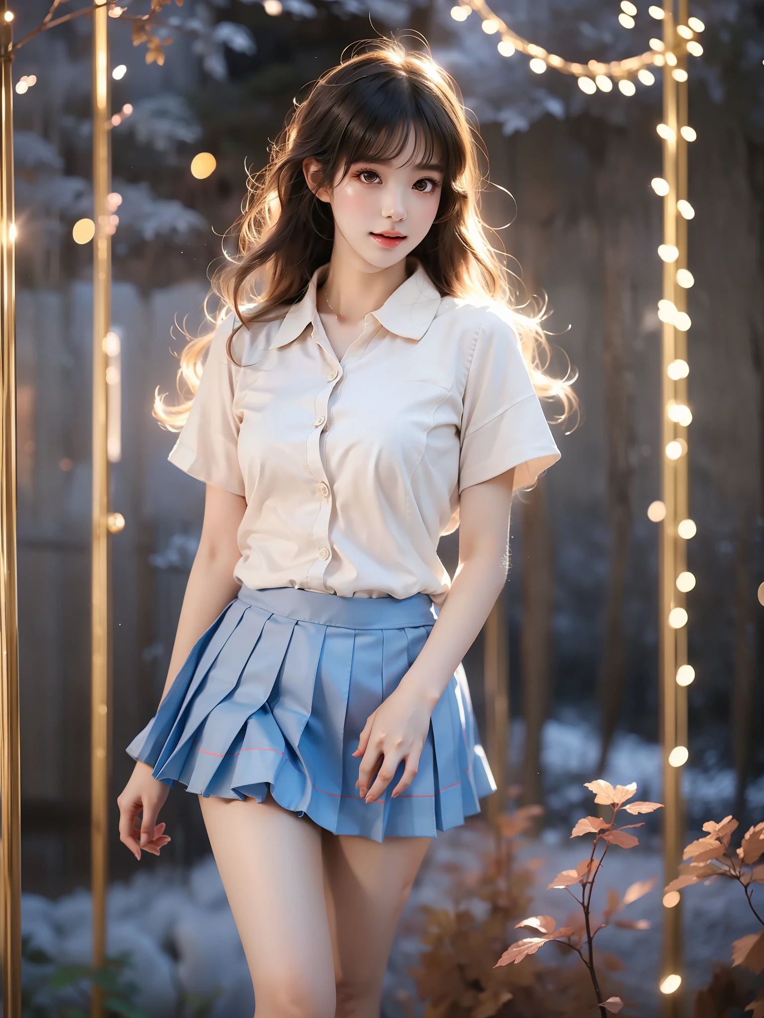 otonokizaka school uniform
school uniform ,((full body)),  (Asian beauty: 1.3), girl, solo, ((Pleated skirts, short skirts, , very short hemline)), (toned body: 1.2), (naturally large breasts: 1.1), (visible cleavage: 0.8), (smooth flawless skin: 1.2), (perfect anatomical proportions: 1.3), (anatomically correct legs: 1.3), (elegantly long legs: 1.3), 1.1) Hands gently lift the skirt, (detailed features: 1.2), (big bright eyes: 1.1), (long eyelashes: 1.1), charming smile, gentle and confident expression, Head slightly tilted, long flowing hair, (night scene: 1.1), (starry sky: 1.0), (space background: 0.9), (professional soft light: 1.2), (warm tone: 1.1), (Masterpiece: 1.4), (Super Detail: 1.3), (Sharp focus: 1.2), (Realistic: 1.2), (Hi-Fi: 1.1)