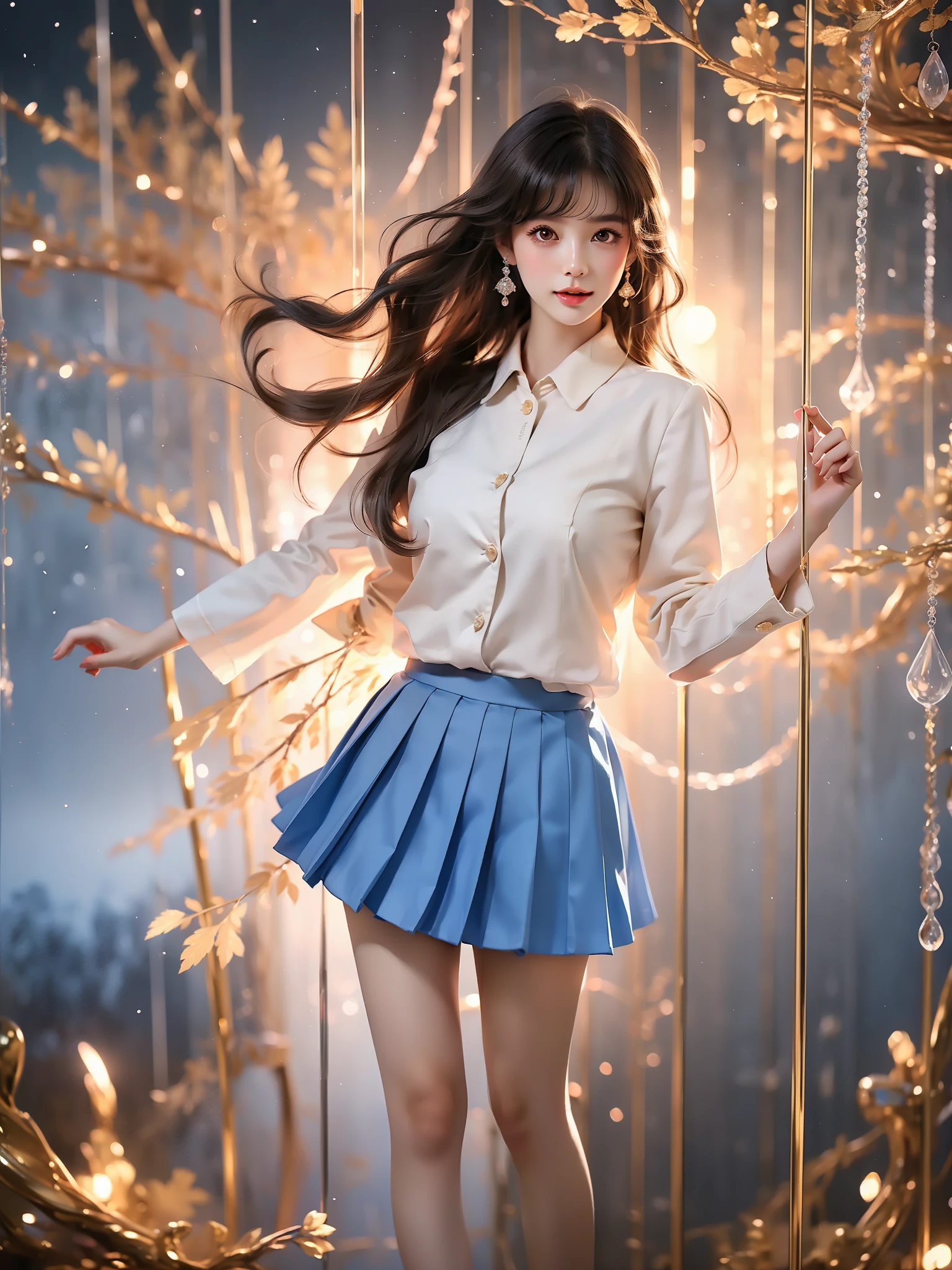 otonokizaka school uniform
school uniform ,((full body)),  (Asian beauty: 1.3), girl, solo, ((Pleated skirts, short skirts, , very short hemline)), (toned body: 1.2), (naturally large breasts: 1.1), (visible cleavage: 0.8), (smooth flawless skin: 1.2), (perfect anatomical proportions: 1.3), (anatomically correct legs: 1.3), (elegantly long legs: 1.3), 1.1) Hands gently lift the skirt, (detailed features: 1.2), (big bright eyes: 1.1), (long eyelashes: 1.1), charming smile, gentle and confident expression, Head slightly tilted, long flowing hair, (night scene: 1.1), (starry sky: 1.0), (space background: 0.9), (professional soft light: 1.2), (warm tone: 1.1), (Masterpiece: 1.4), (Super Detail: 1.3), (Sharp focus: 1.2), (Realistic: 1.2), (Hi-Fi: 1.1)