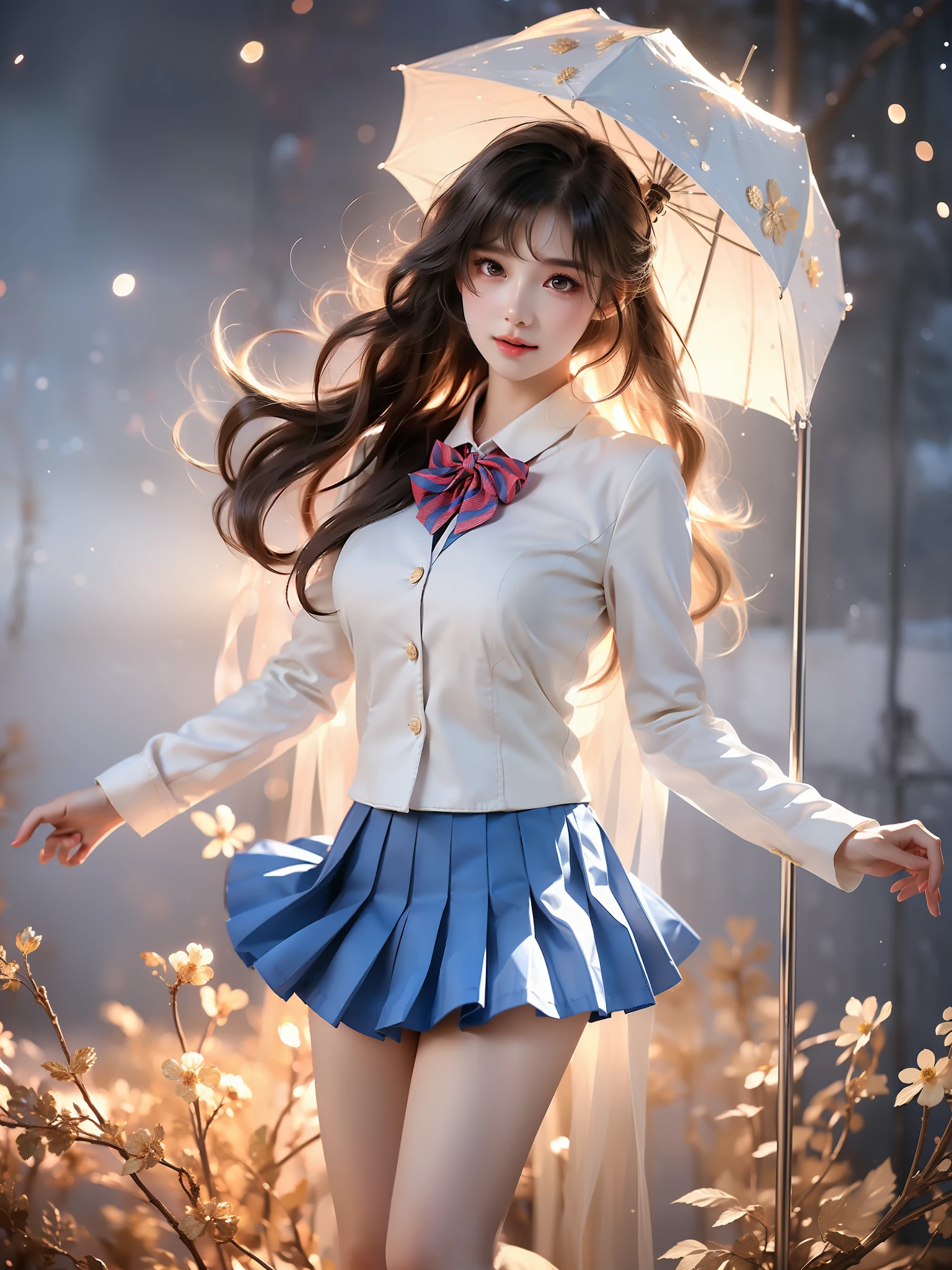 otonokizaka school uniform
school uniform ,((full body)),  (Asian beauty: 1.3), girl, solo, ((Pleated skirts, short skirts, , very short hemline)), (toned body: 1.2), (naturally large breasts: 1.1), (visible cleavage: 0.8), (smooth flawless skin: 1.2), (perfect anatomical proportions: 1.3), (anatomically correct legs: 1.3), (elegantly long legs: 1.3), 1.1) Hands gently lift the skirt, (detailed features: 1.2), (big bright eyes: 1.1), (long eyelashes: 1.1), charming smile, gentle and confident expression, Head slightly tilted, long flowing hair, (night scene: 1.1), (starry sky: 1.0), (space background: 0.9), (professional soft light: 1.2), (warm tone: 1.1), (Masterpiece: 1.4), (Super Detail: 1.3), (Sharp focus: 1.2), (Realistic: 1.2), (Hi-Fi: 1.1)